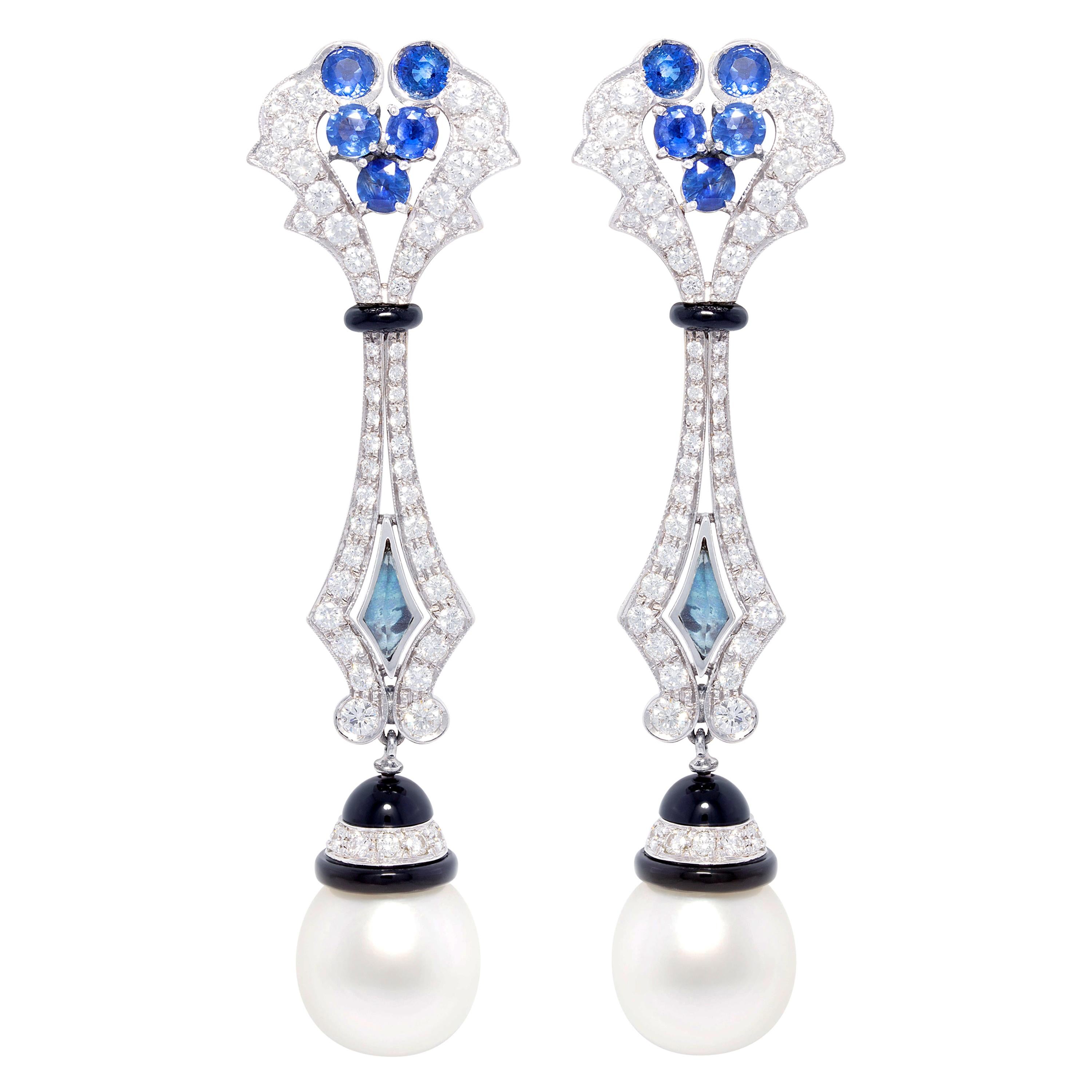 Ella Gafter Blue Sapphire Diamond Pearl Earrings  For Sale