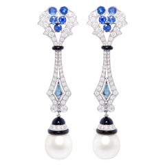Blauer Saphir Diamant Südseeperlen-Tropfen-Ohrringe Art Deco Design Ella Gafter