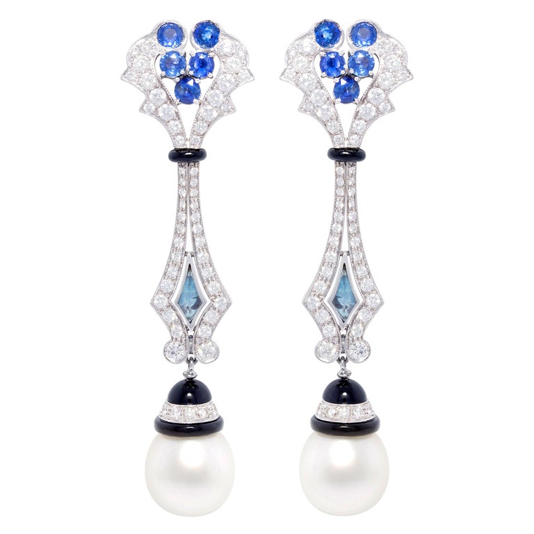 Ella Gafter Blue Sapphire Diamond Pearl Earrings For Sale at 1stDibs