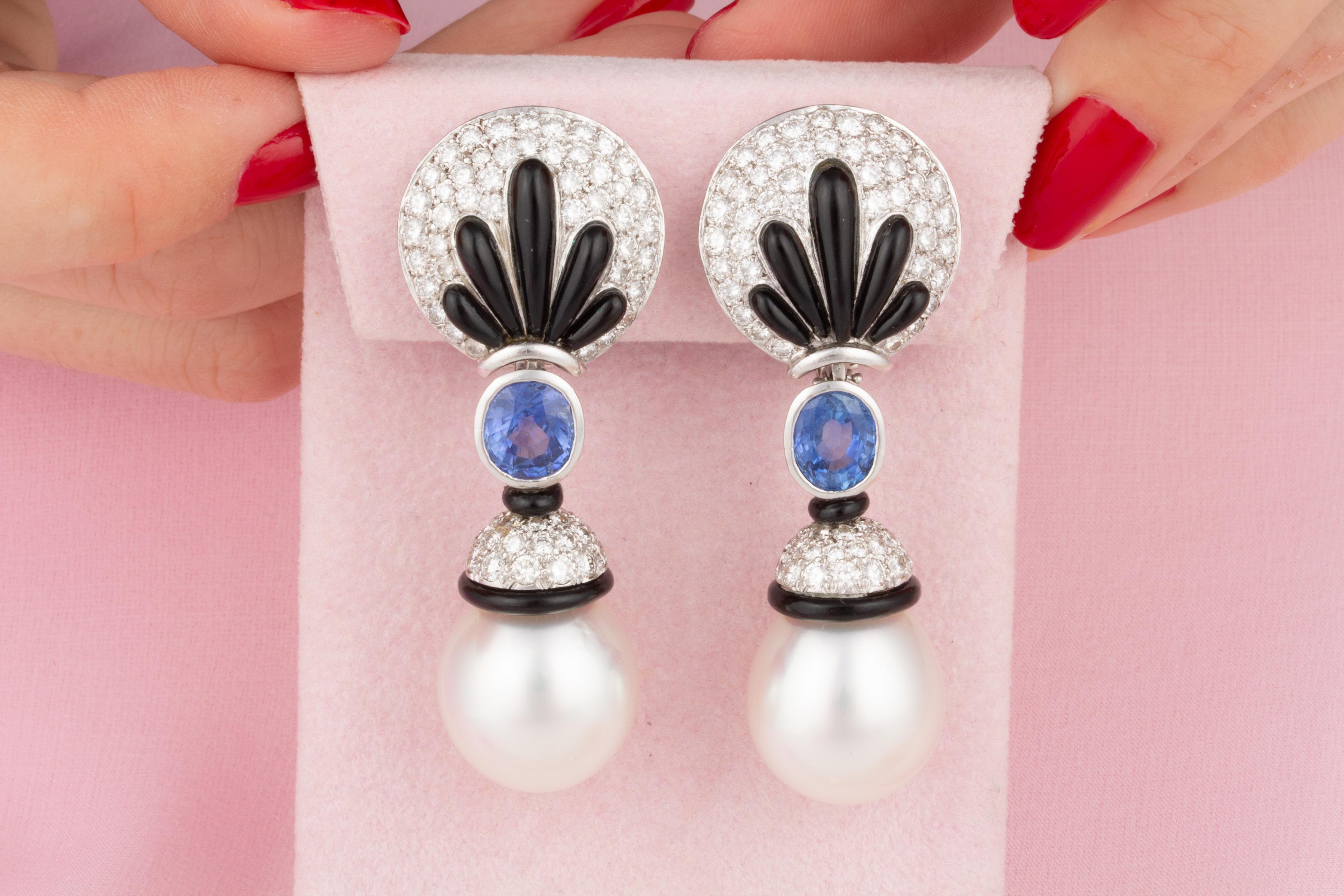 Artist Ella Gafter Ceylon Sapphire Pearl Diamond Earrings   For Sale