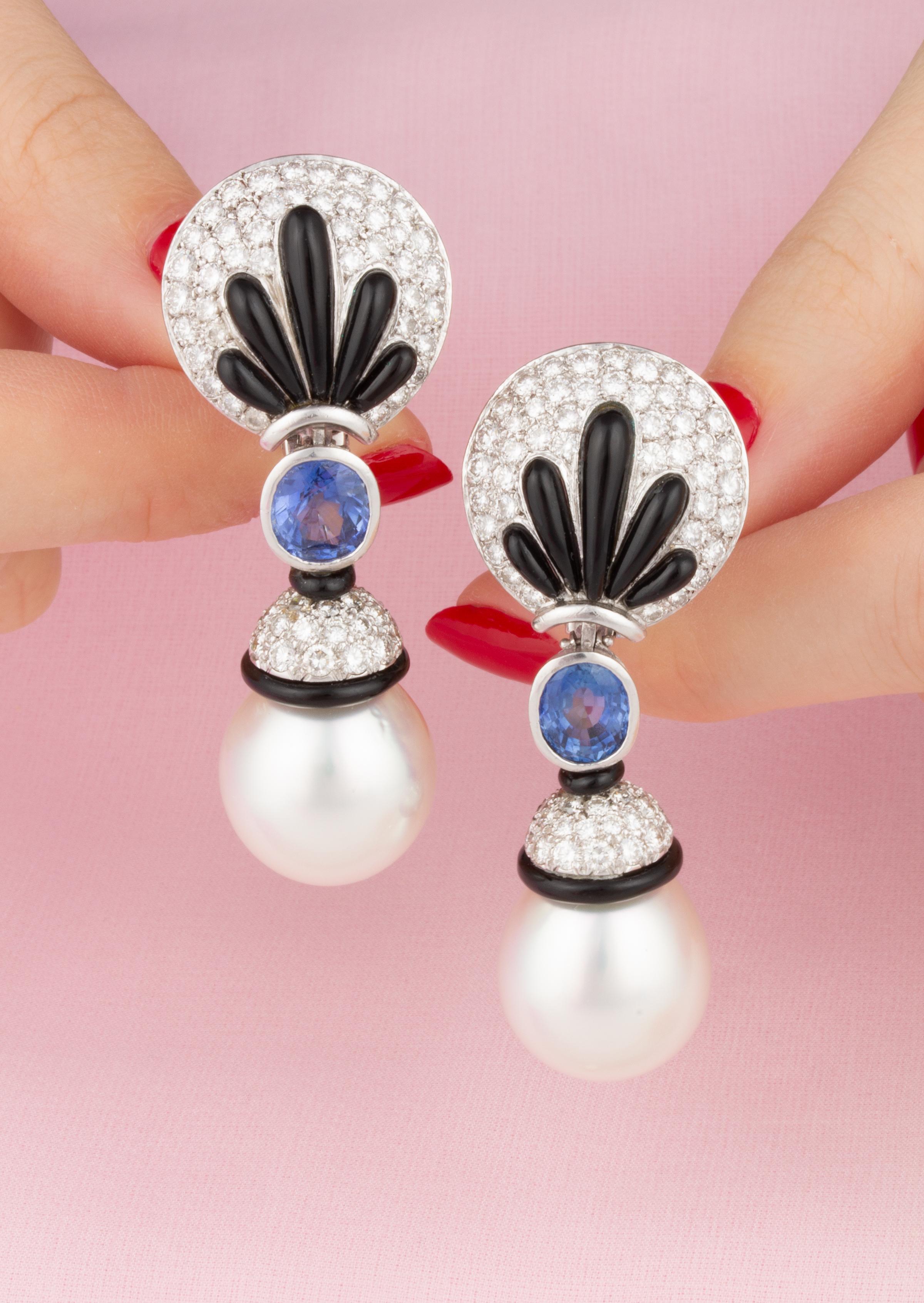 Oval Cut Ella Gafter Ceylon Sapphire Pearl Diamond Earrings   For Sale