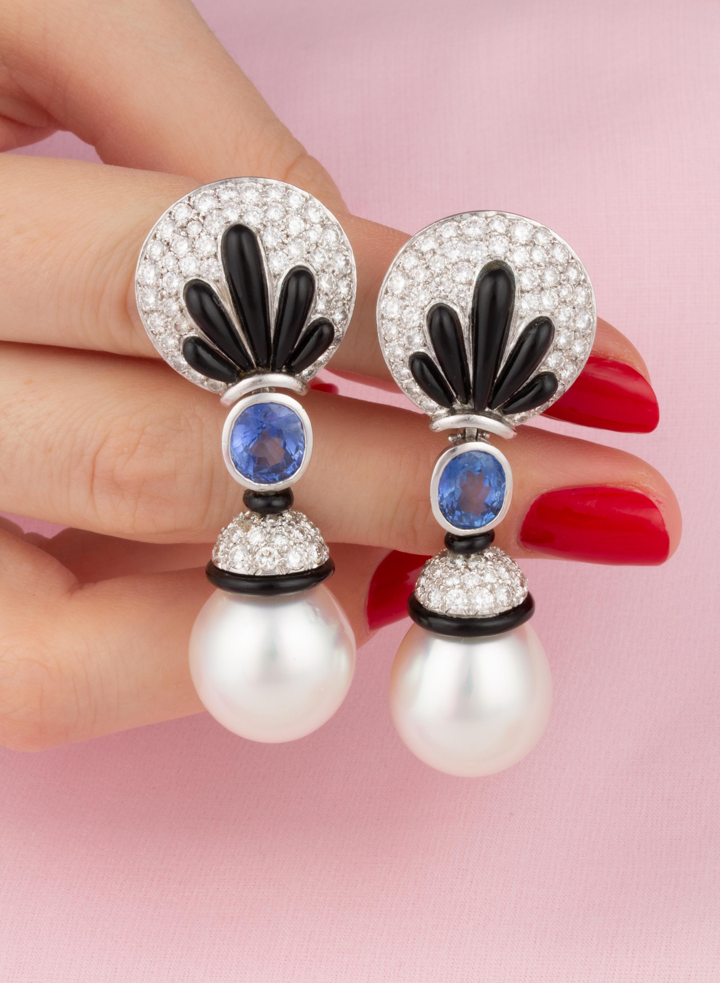 Ella Gafter Ceylon Sapphire Pearl Diamond Earrings   In New Condition For Sale In New York, NY