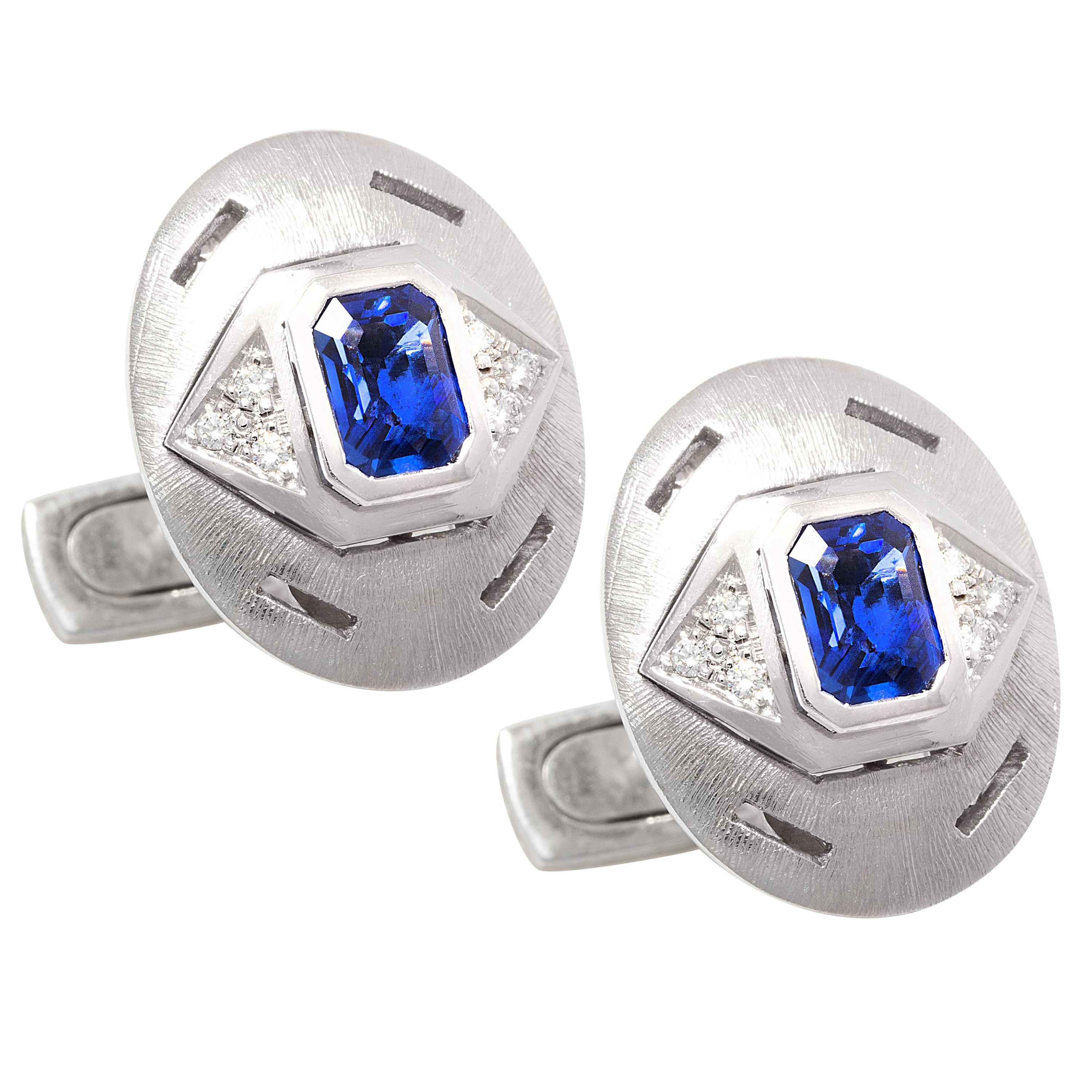 Blue Sapphire and Diamond Cufflinks 18k gold Design by Ella Gafter