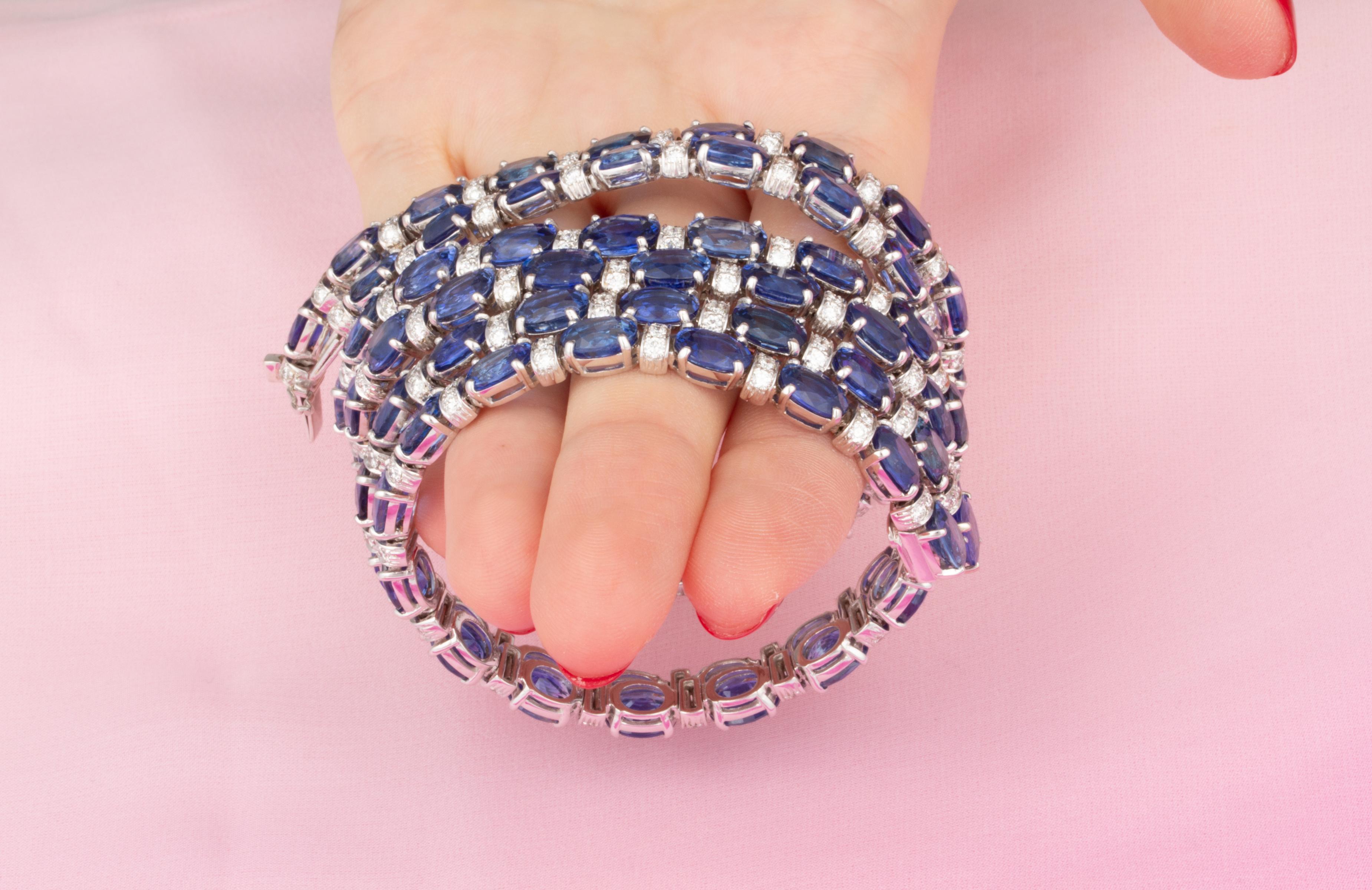 Oval Cut Ella Gafter Blue Sapphire Diamond Necklace Earrings For Sale