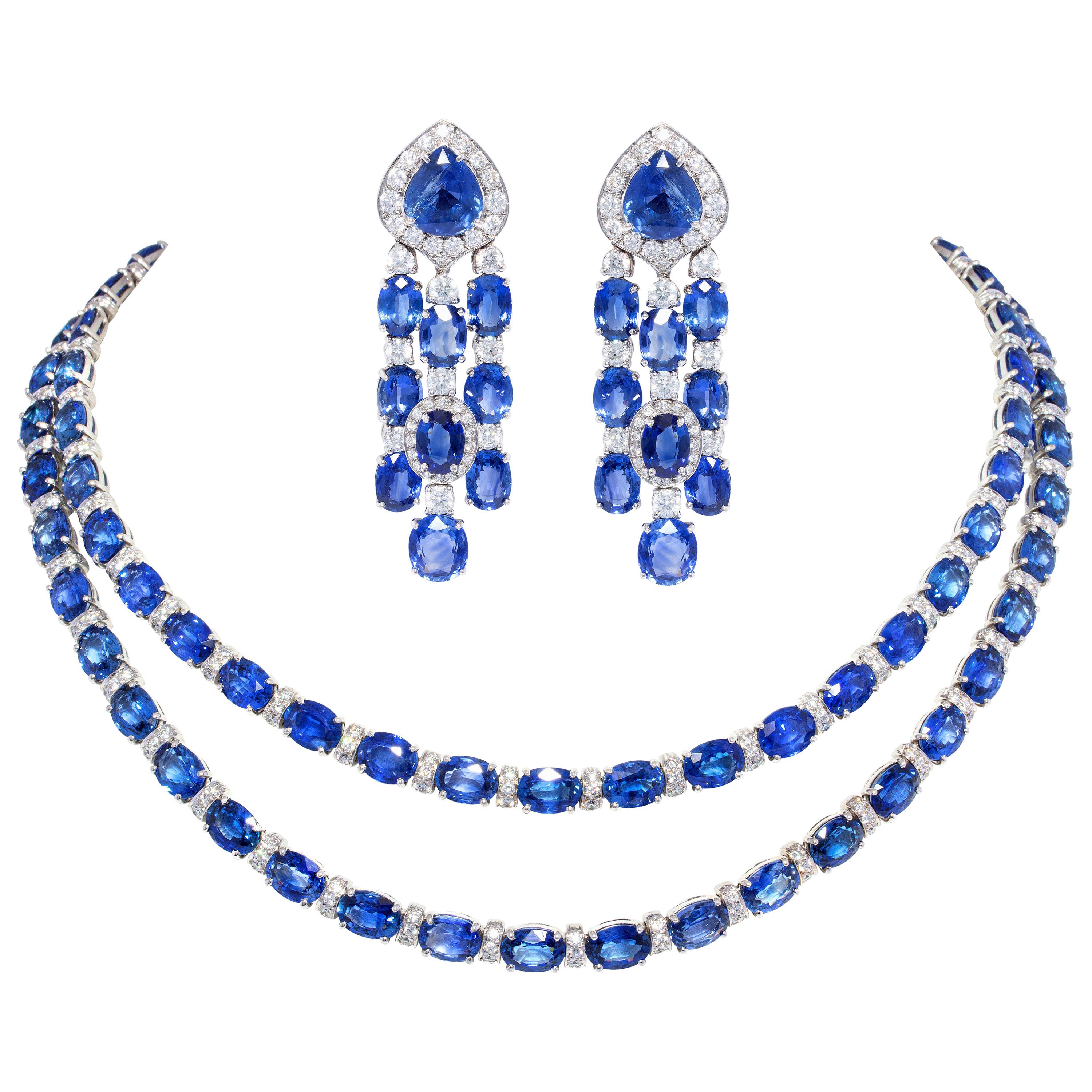 Blue Sapphire Diamond Necklace and Chandelier Earrings Set Design by Ella Gafter