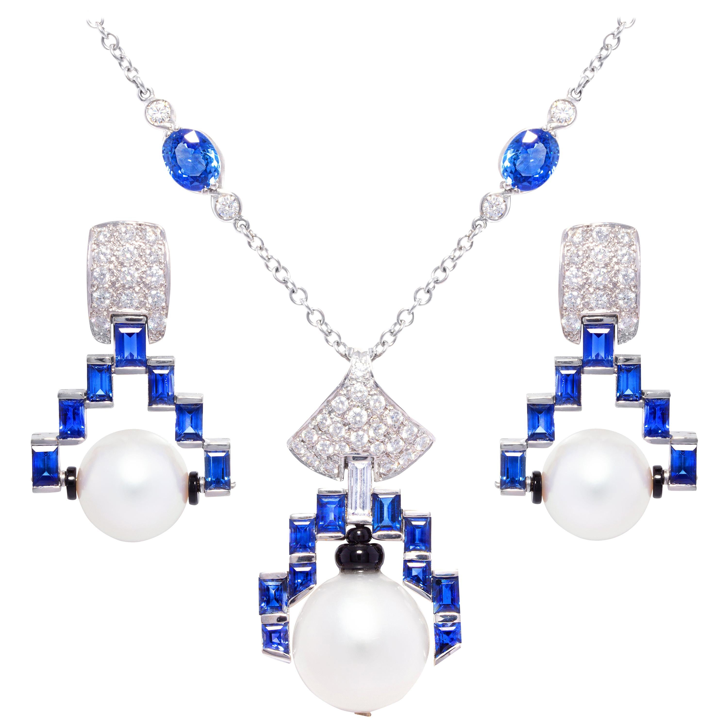 Ella Gafter Blue Sapphire Diamond Necklace Earrings Set