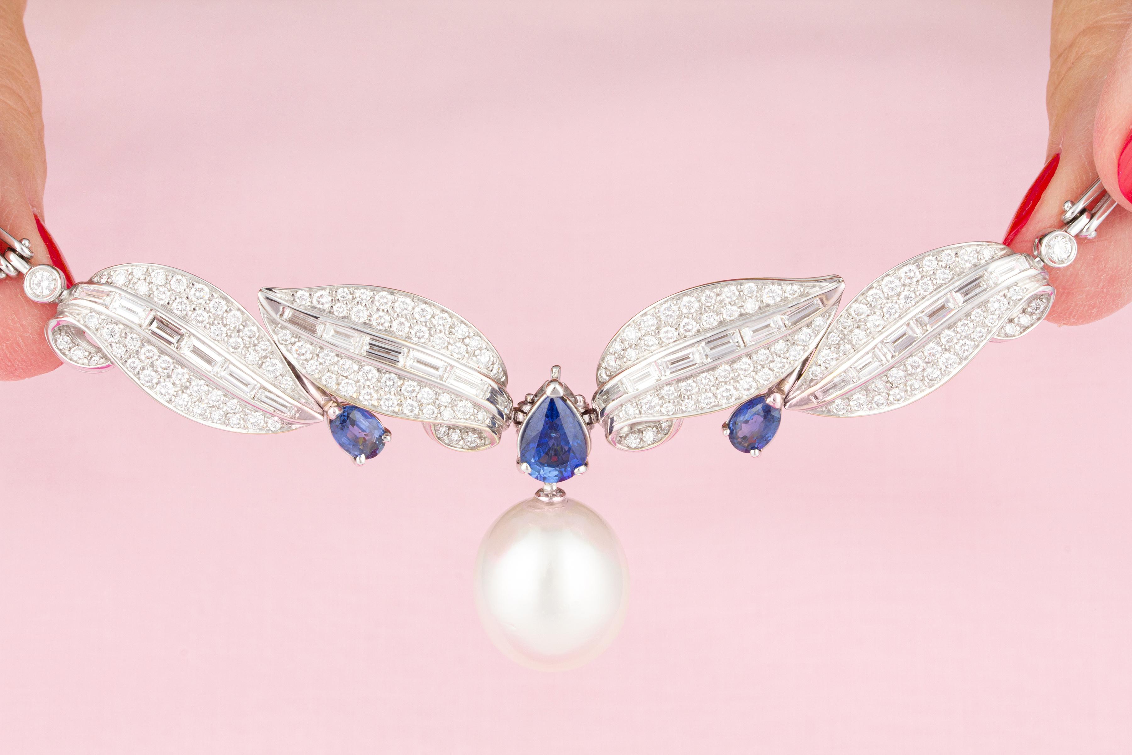 Artist Ella Gafter Blue Sapphire Diamond Necklace  For Sale
