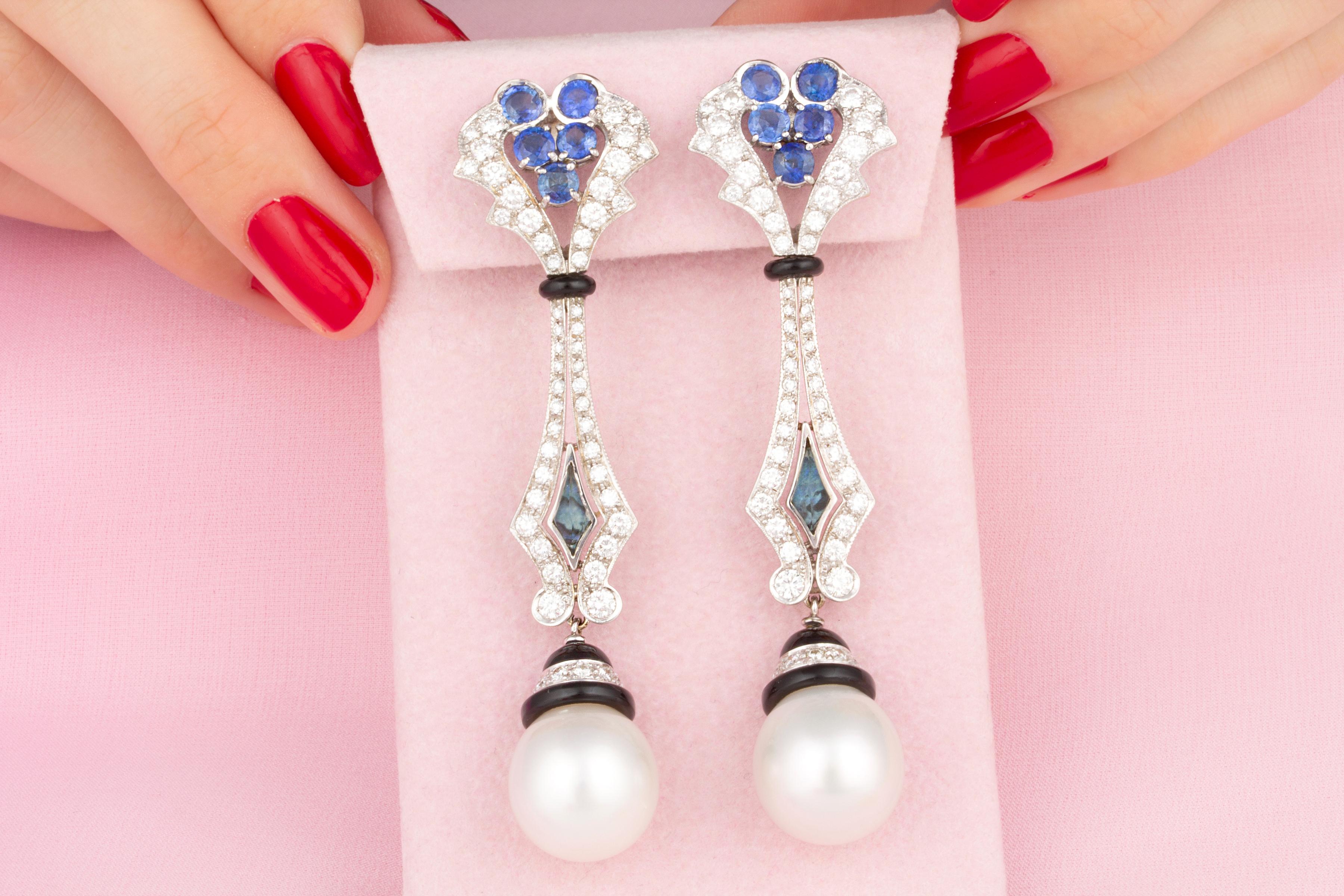Artist Ella Gafter Blue Sapphire Diamond Pearl Earrings  For Sale