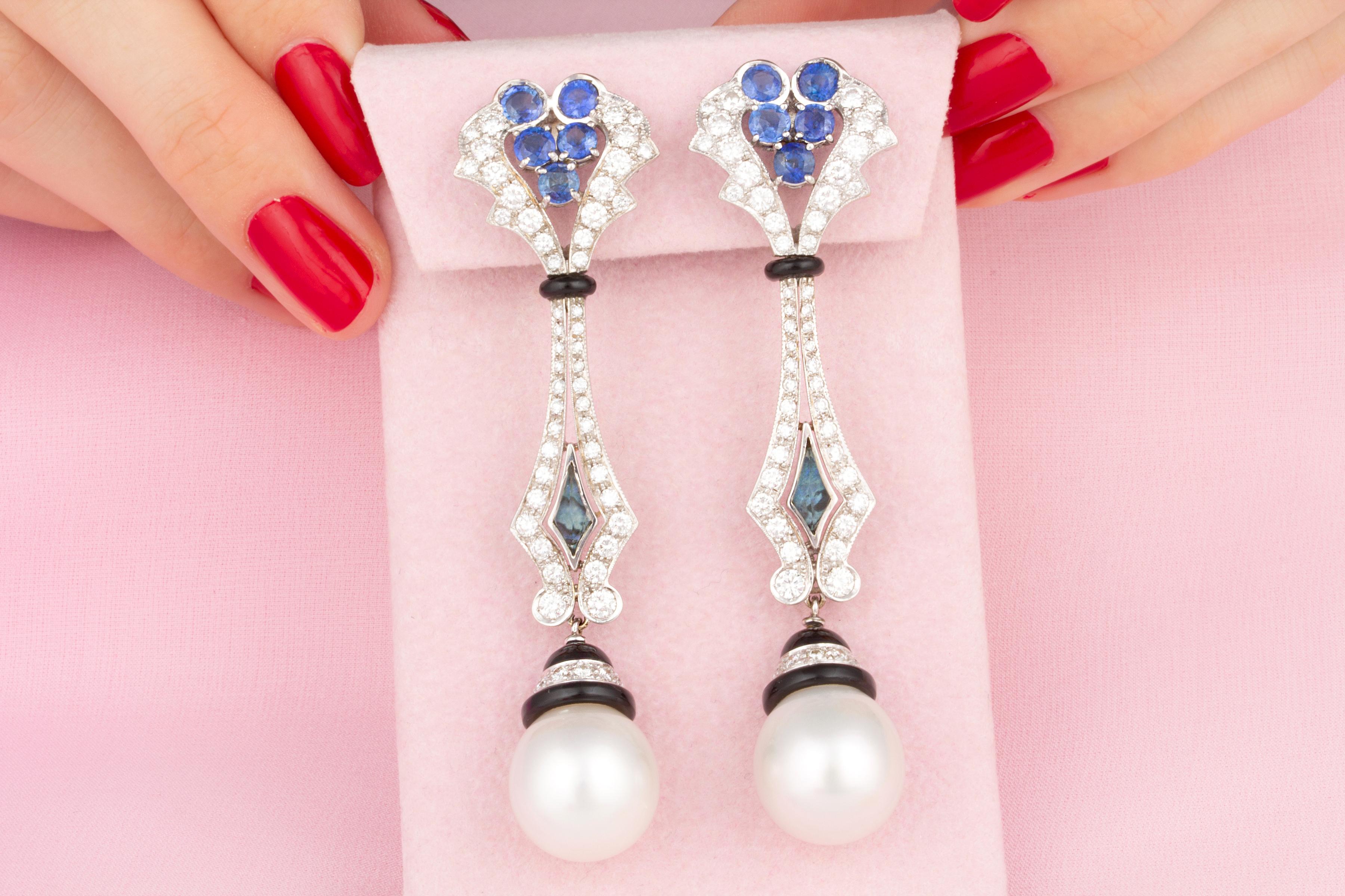 Artist Blue Sapphire Diamond South Sea Pearl Drop Earrings Art Deco Design Ella Gafter For Sale
