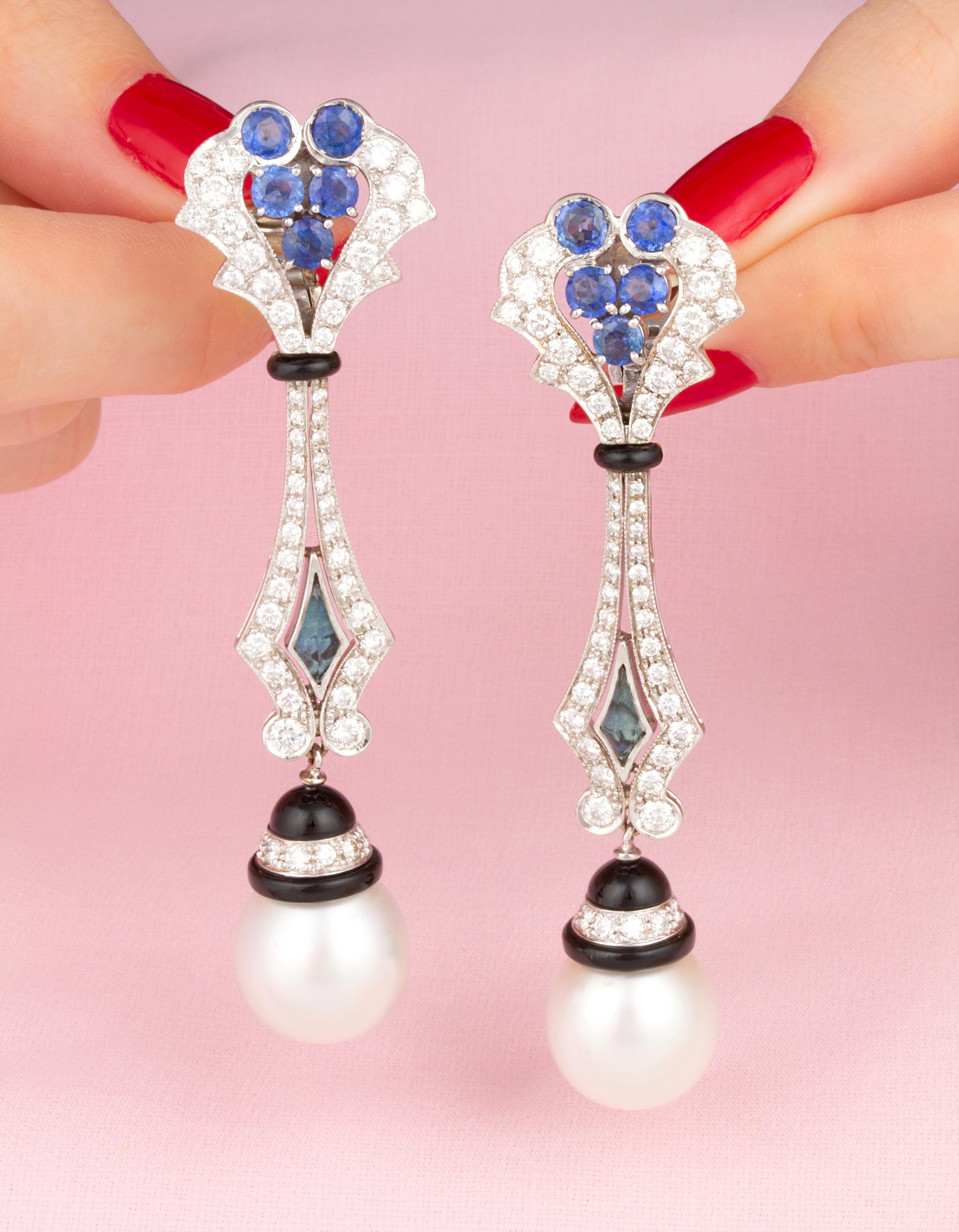 Brilliant Cut Blue Sapphire Diamond South Sea Pearl Drop Earrings Art Deco Design Ella Gafter For Sale