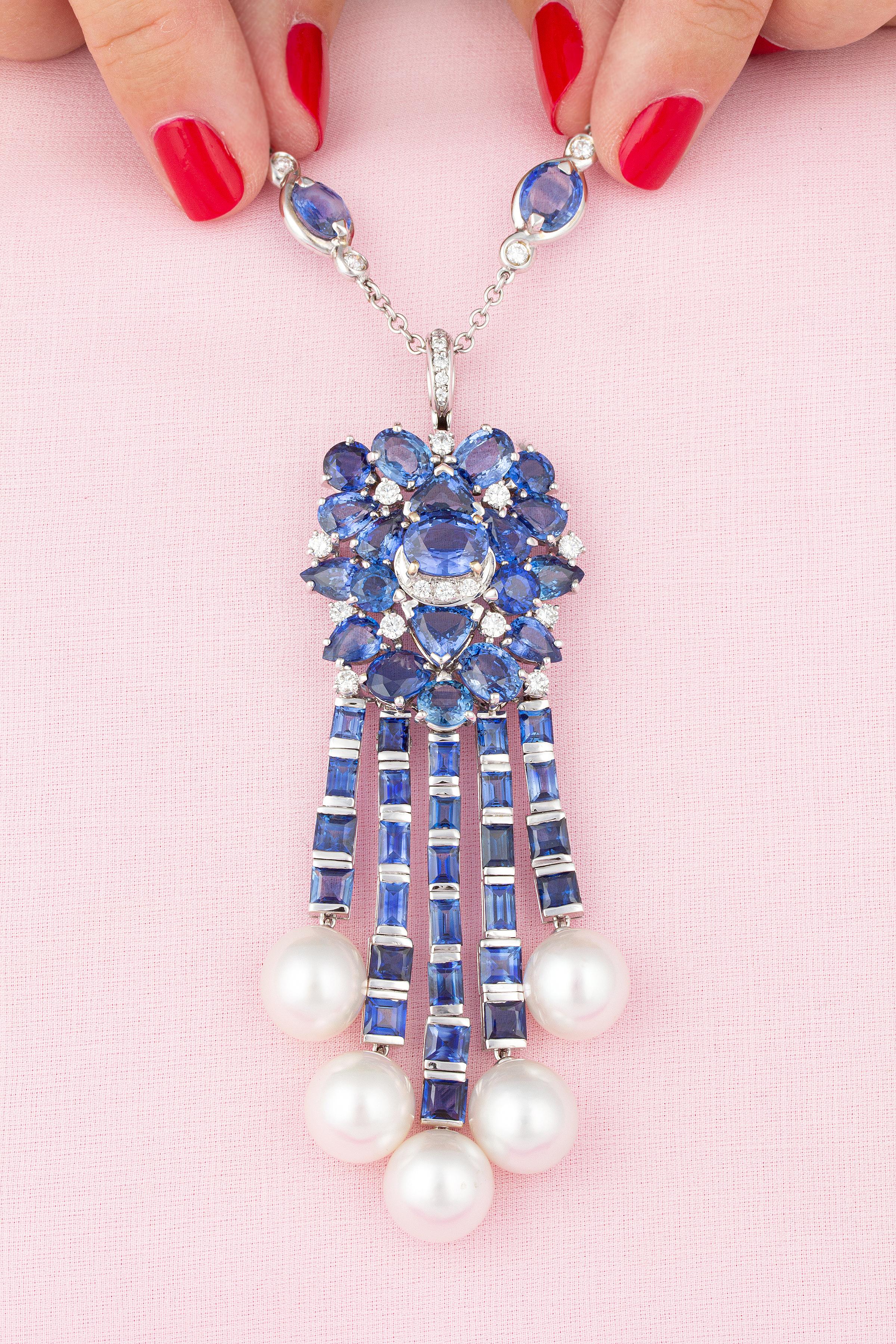 Baguette Cut Ella Gafter Blue Sapphire Diamond Pearl Necklace