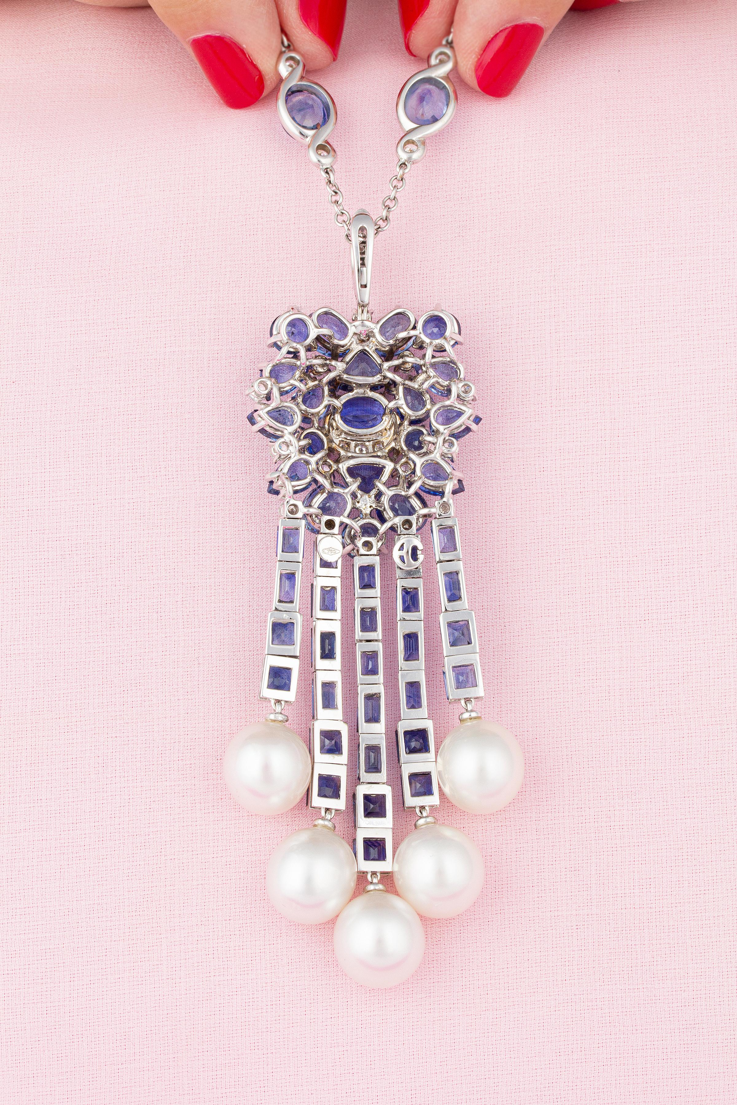 Ella Gafter Blue Sapphire Diamond Pearl Necklace In New Condition In New York, NY