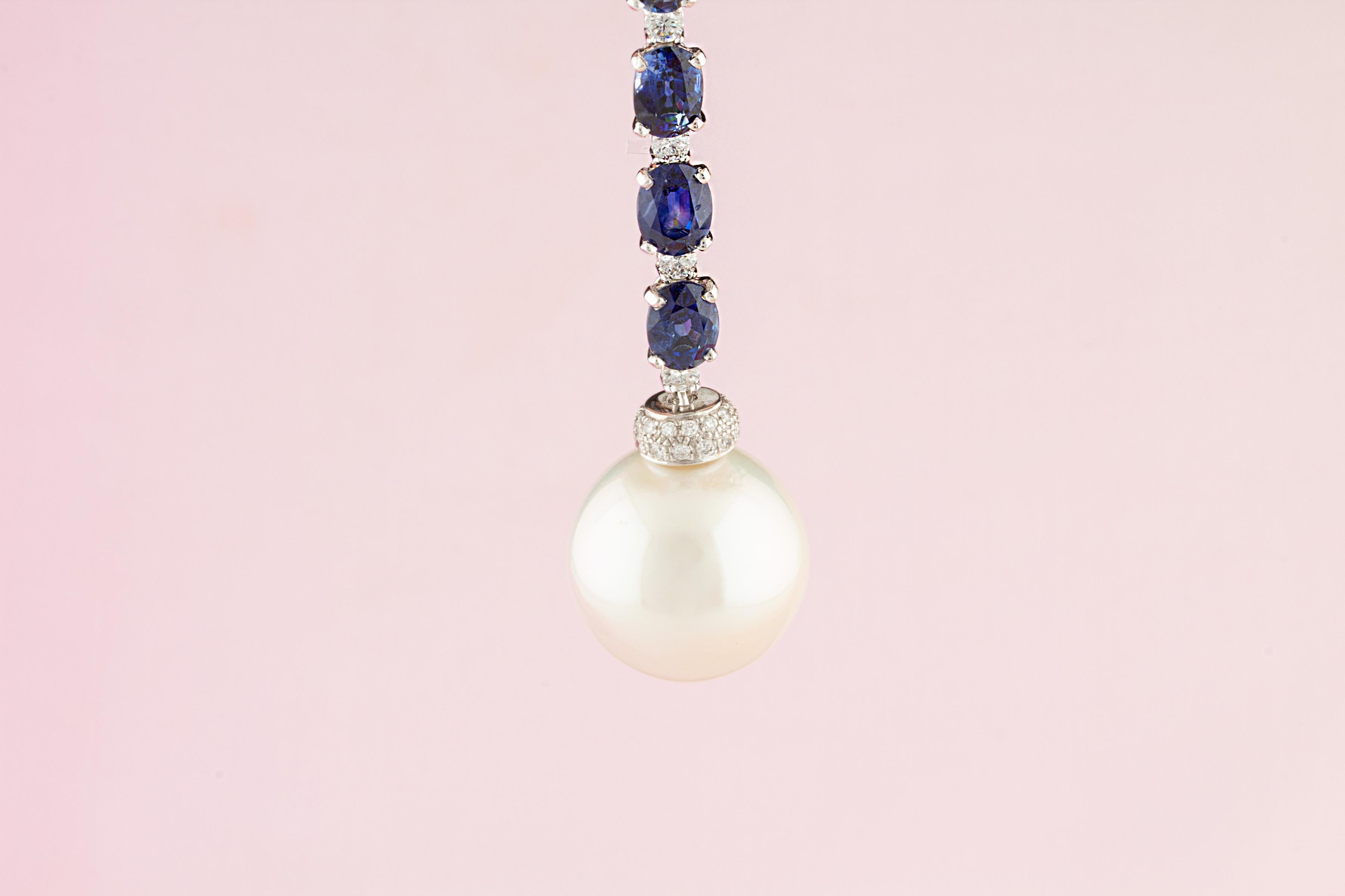 Brilliant Cut Ella Gafter Blue Sapphire Diamond Pearl Necklace For Sale