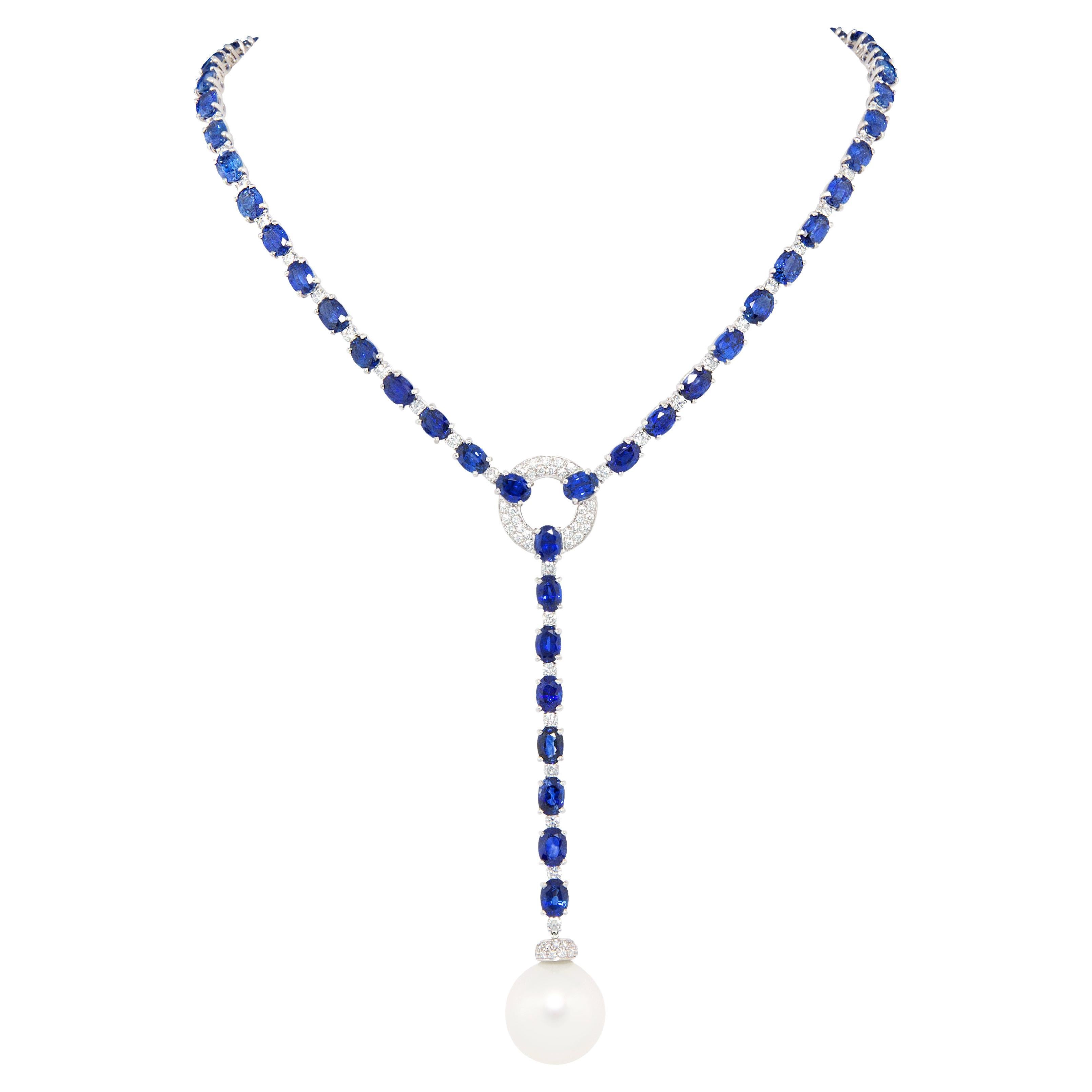 Ella Gafter Blue Sapphire Diamond Pearl Necklace For Sale