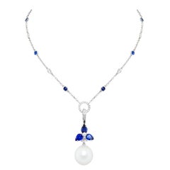 Blue Sapphire Diamond Pearl 17mm Pendant Necklace Design by Ella Gafter