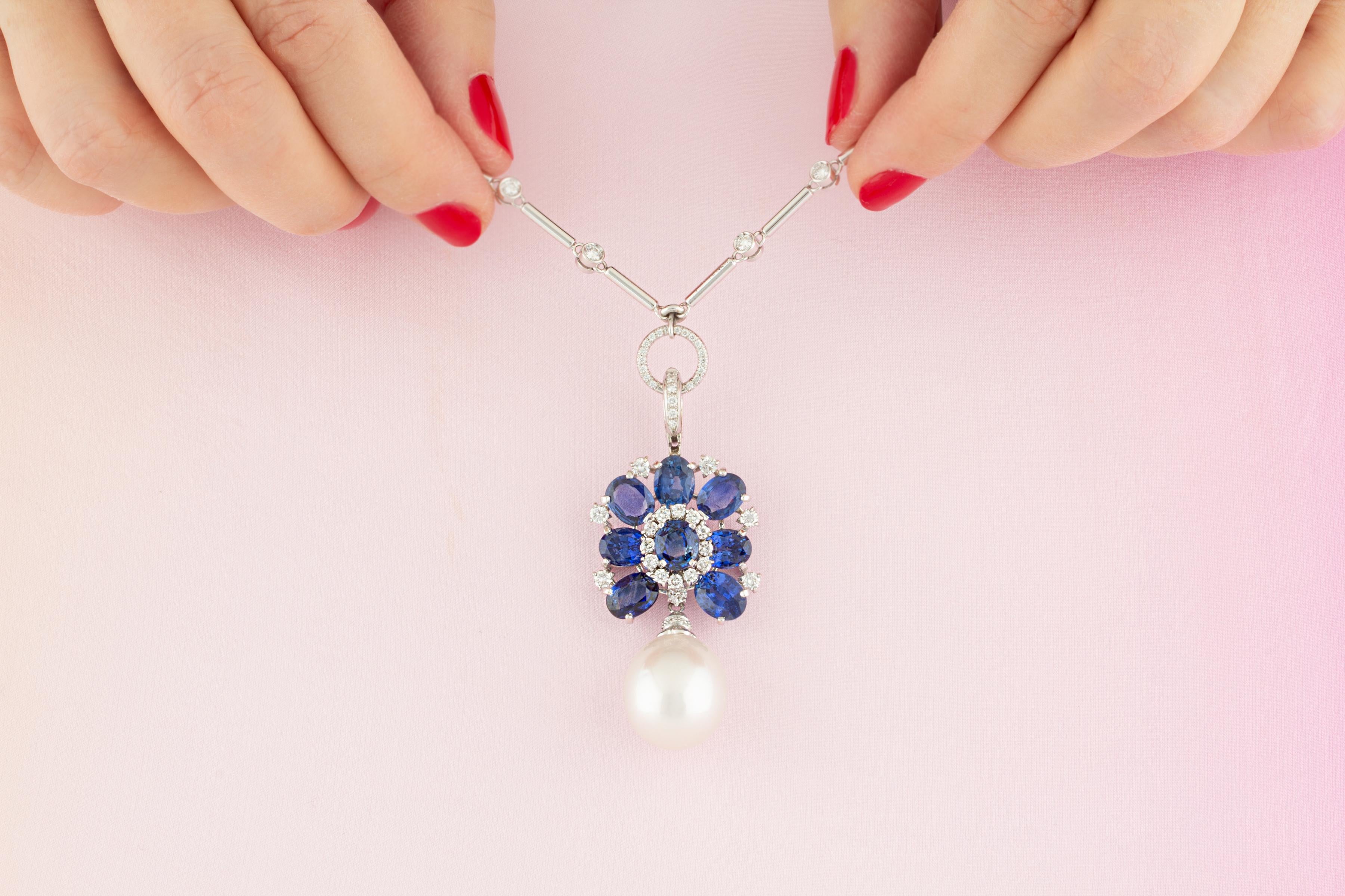 Artist Ella Gafter Blue Sapphire Diamond Pearl Pendant Necklace For Sale