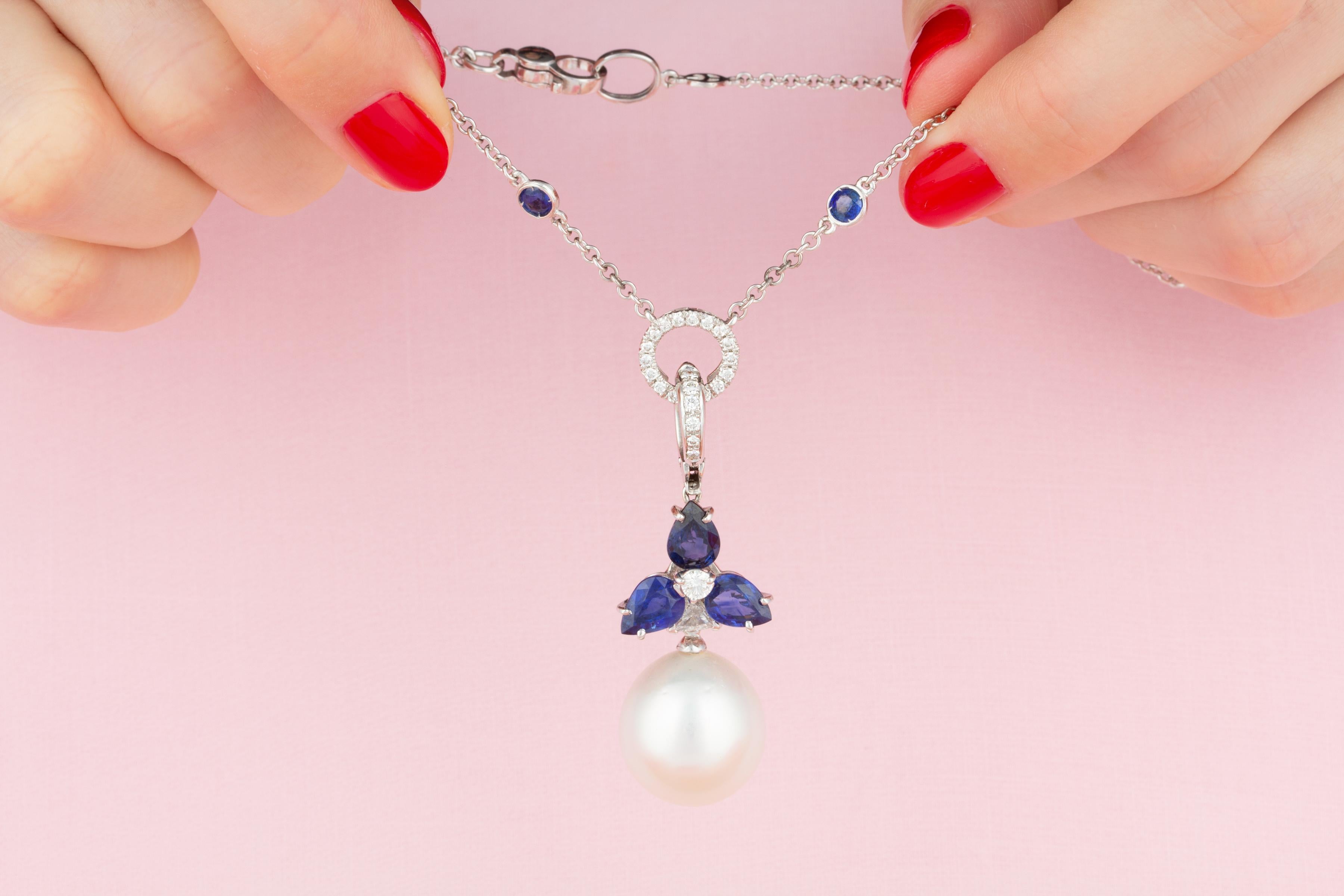 Brilliant Cut Ella Gafter Blue Sapphire Diamond Pearl Pendant Necklace For Sale