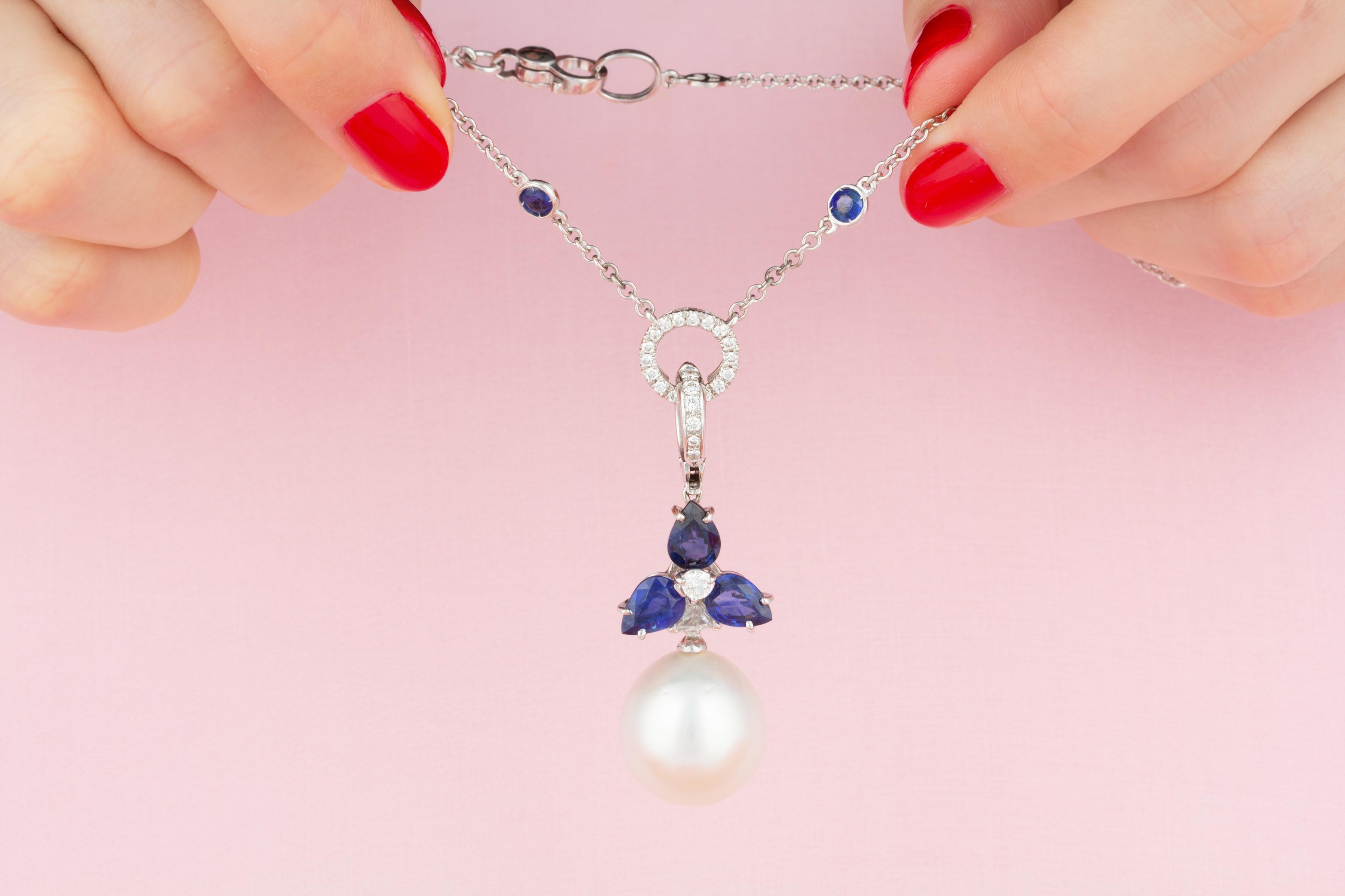 Brilliant Cut Blue Sapphire Diamond Pearl 17mm Pendant Necklace Design by Ella Gafter For Sale