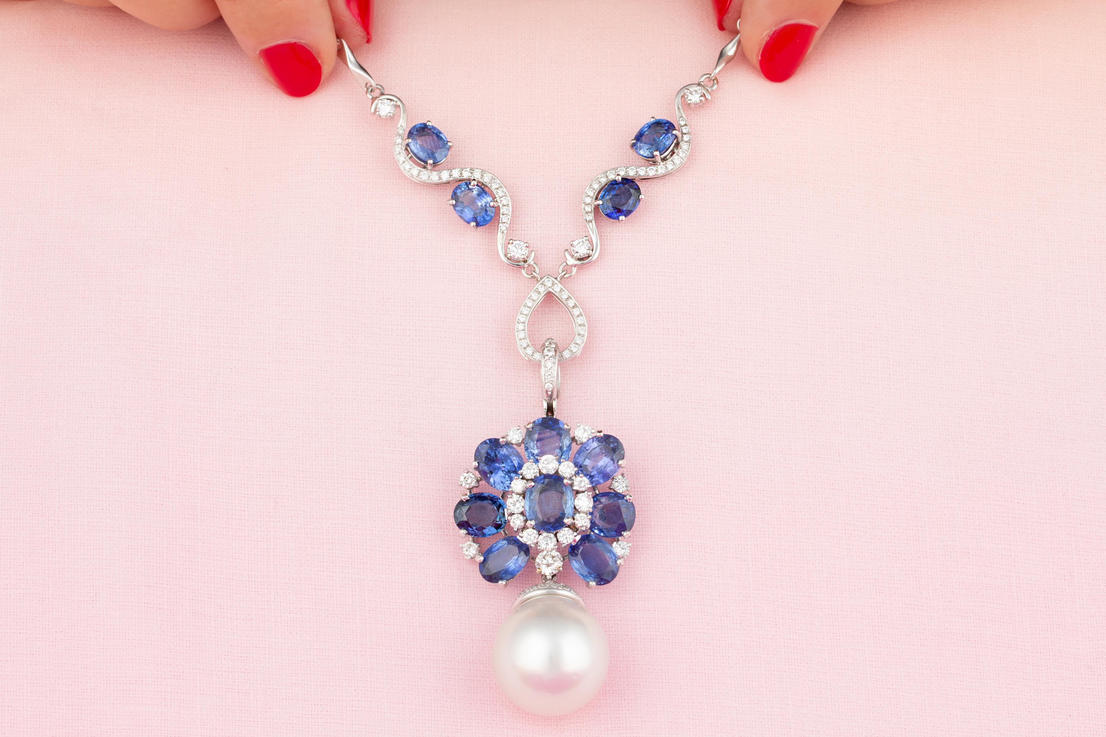 Contemporary Ella Gafter Blue Sapphire Diamond Pearl Pendant Necklace For Sale