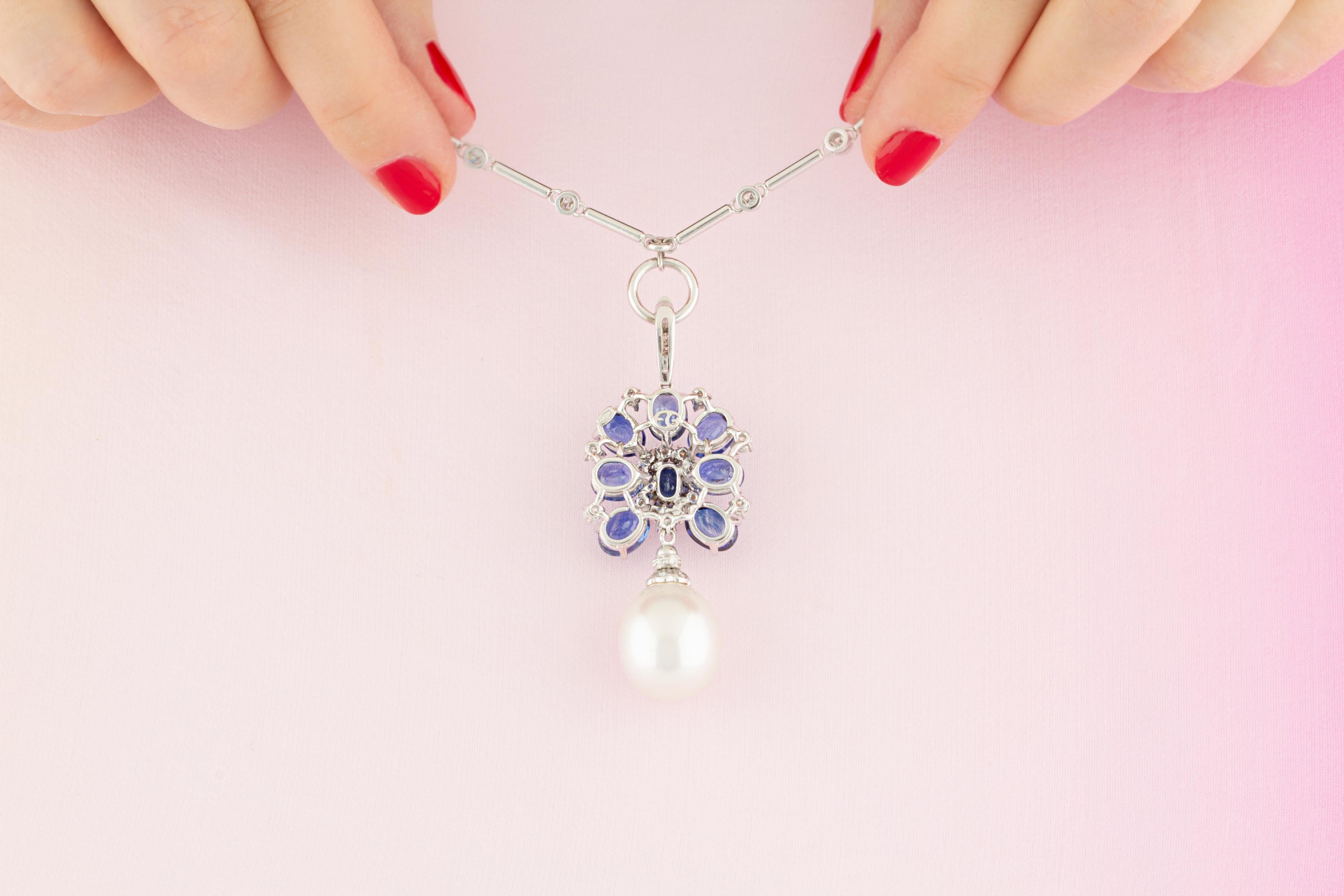 Oval Cut Ella Gafter Blue Sapphire Diamond Pearl Pendant Necklace For Sale