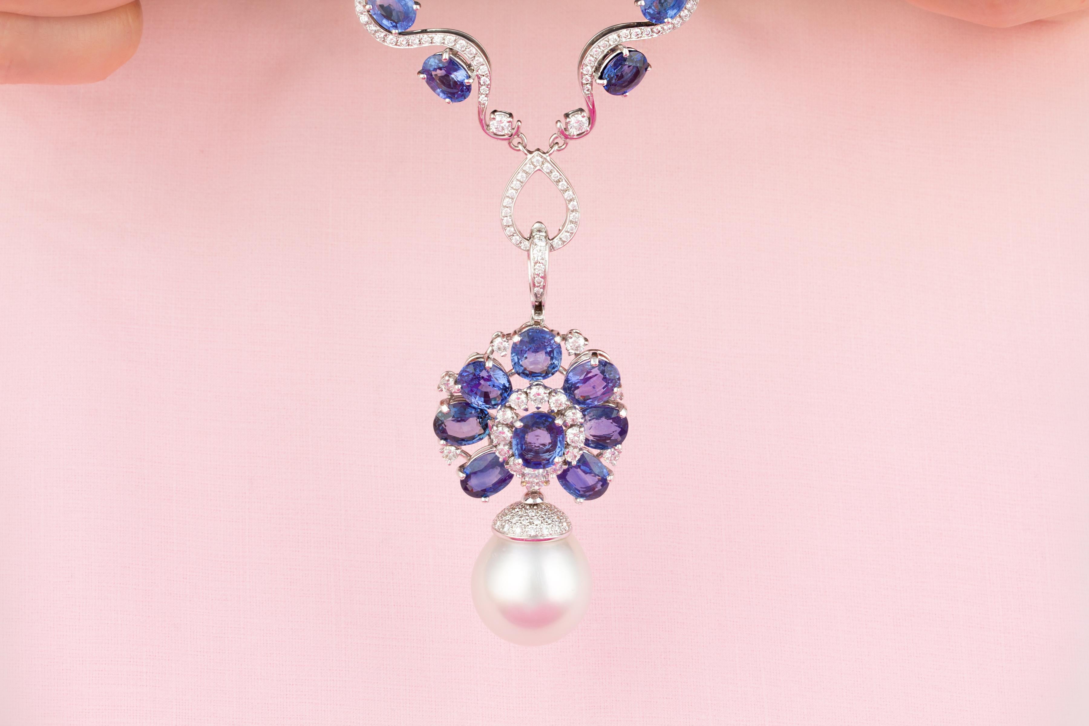 Oval Cut Ella Gafter Blue Sapphire Diamond Pearl Pendant Necklace For Sale