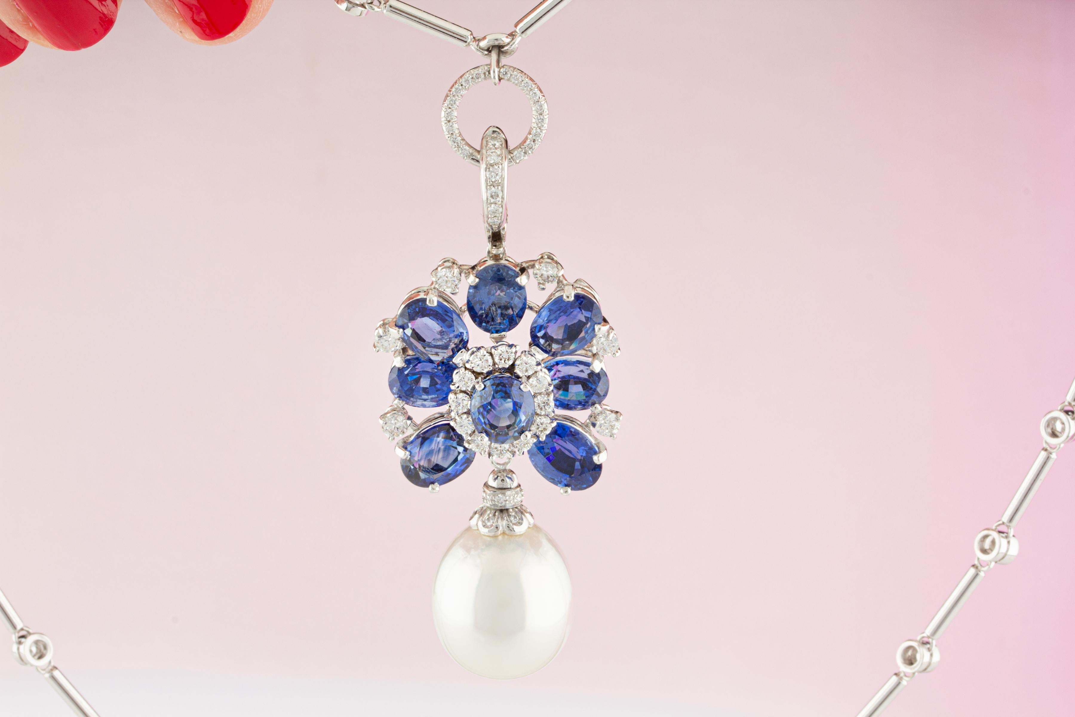 Ella Gafter Blue Sapphire Diamond Pearl Pendant Necklace In New Condition For Sale In New York, NY