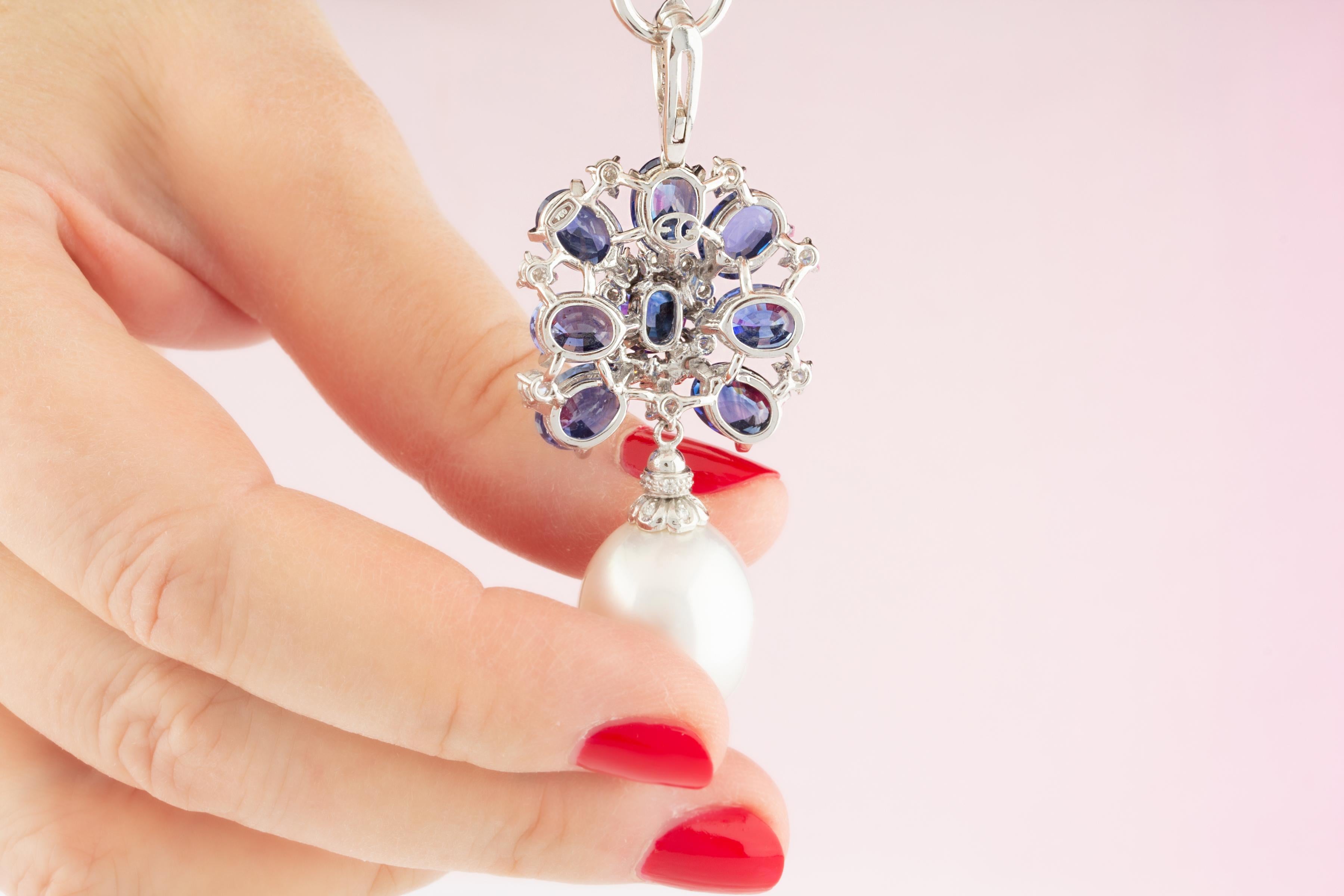 Women's Ella Gafter Blue Sapphire Diamond Pearl Pendant Necklace For Sale