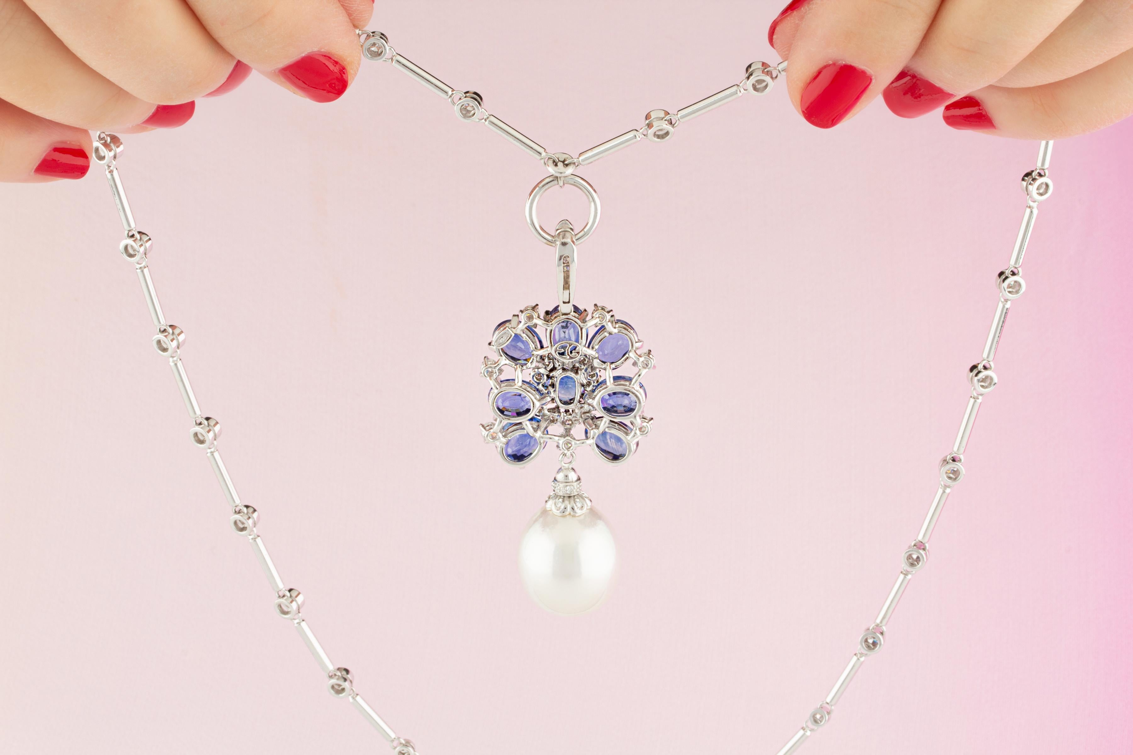Ella Gafter Blue Sapphire Diamond Pearl Pendant Necklace For Sale 2