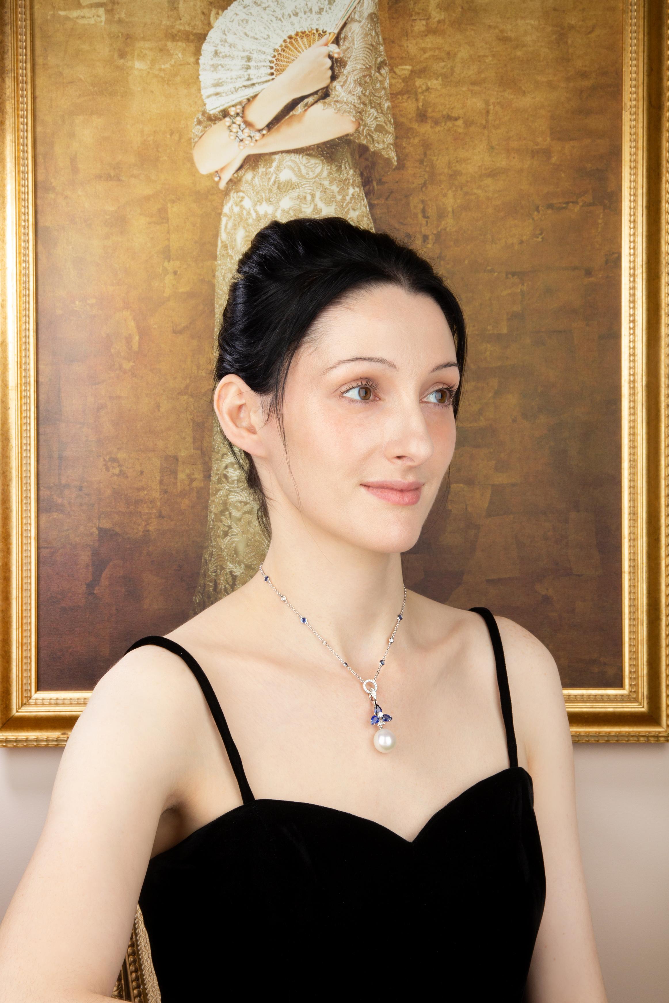 Ella Gafter, collier pendentif en saphir bleu et perle en vente 3