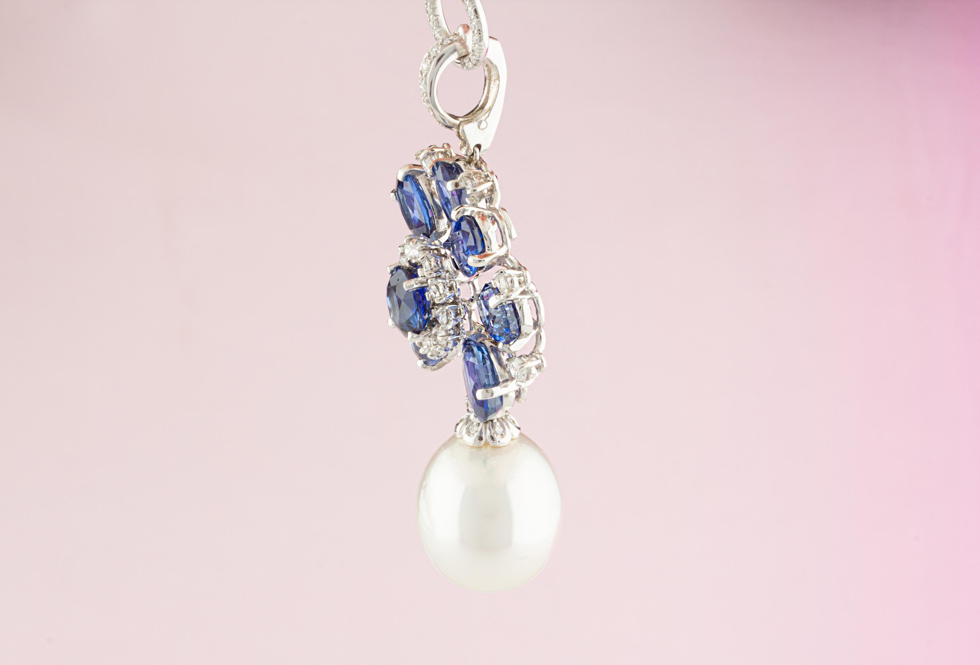 Ella Gafter Blue Sapphire Diamond Pearl Pendant Necklace For Sale 3