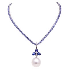 Ella Gafter Blue Sapphire Diamond Pearl Pendant Necklace