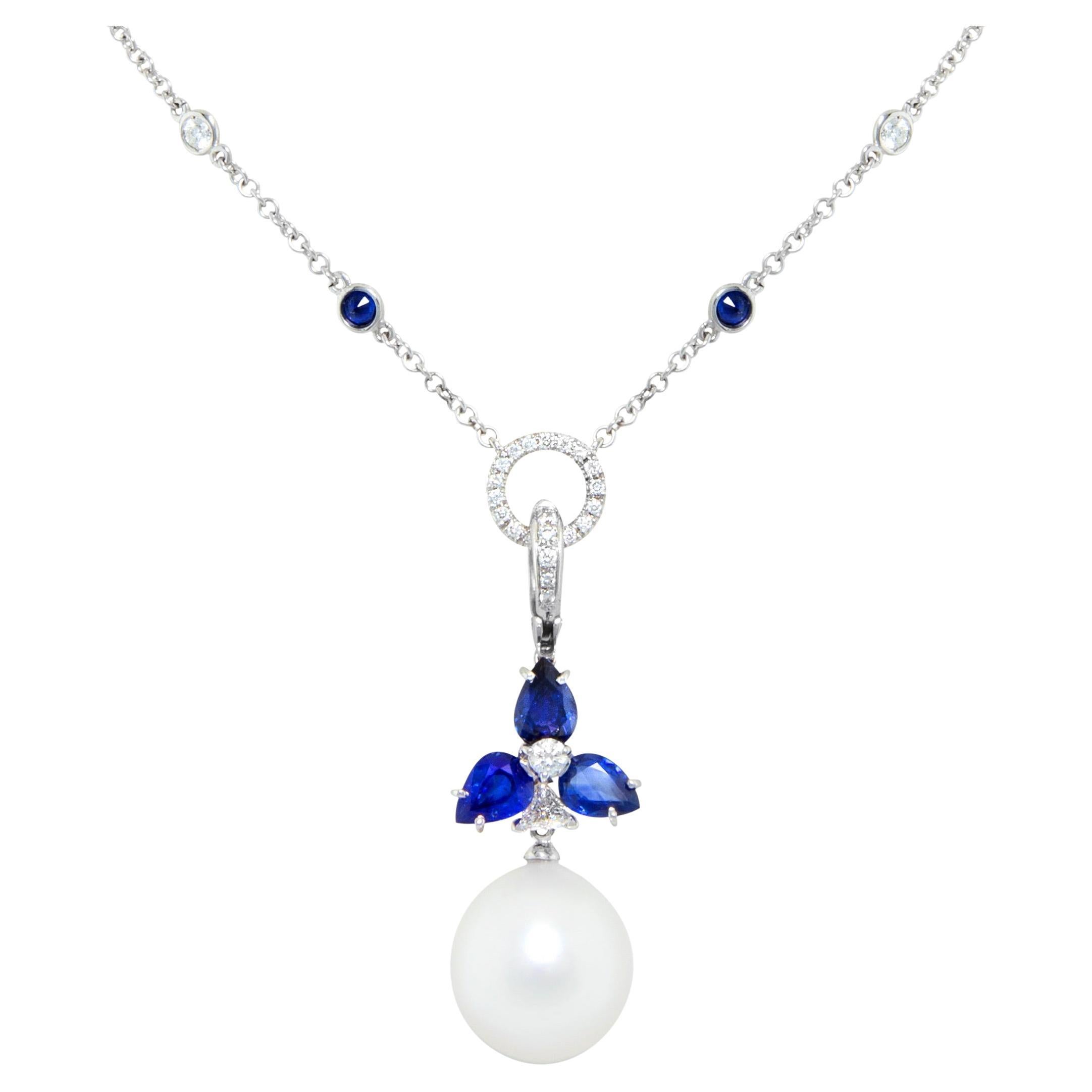 Ella Gafter Blue Sapphire Diamond Pearl Pendant Necklace For Sale