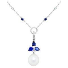 Saphir bleu Diamant Perle 17mm Collier pendentif Design par Ella Gafter