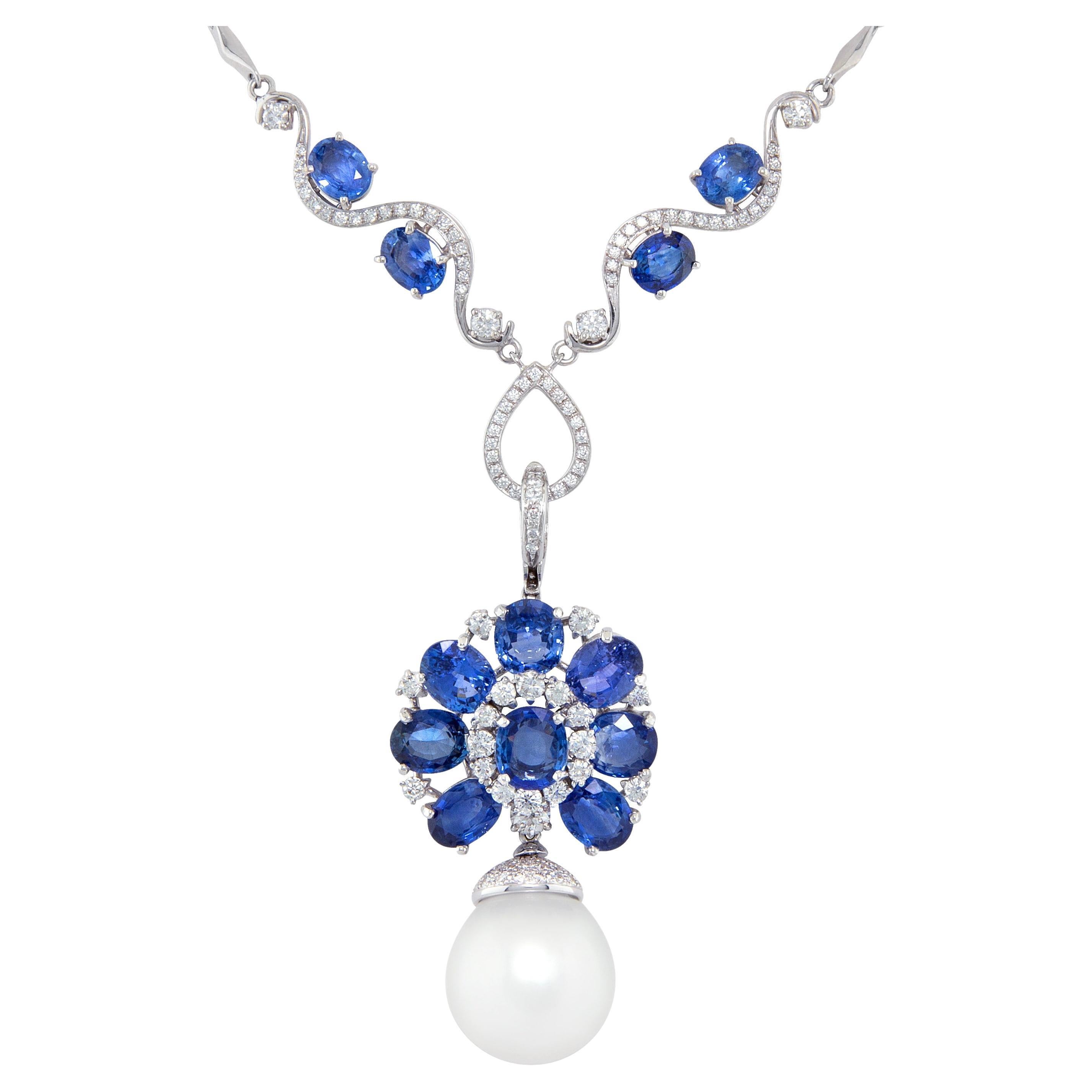 Ella Gafter Blue Sapphire Diamond Pearl Pendant Necklace For Sale