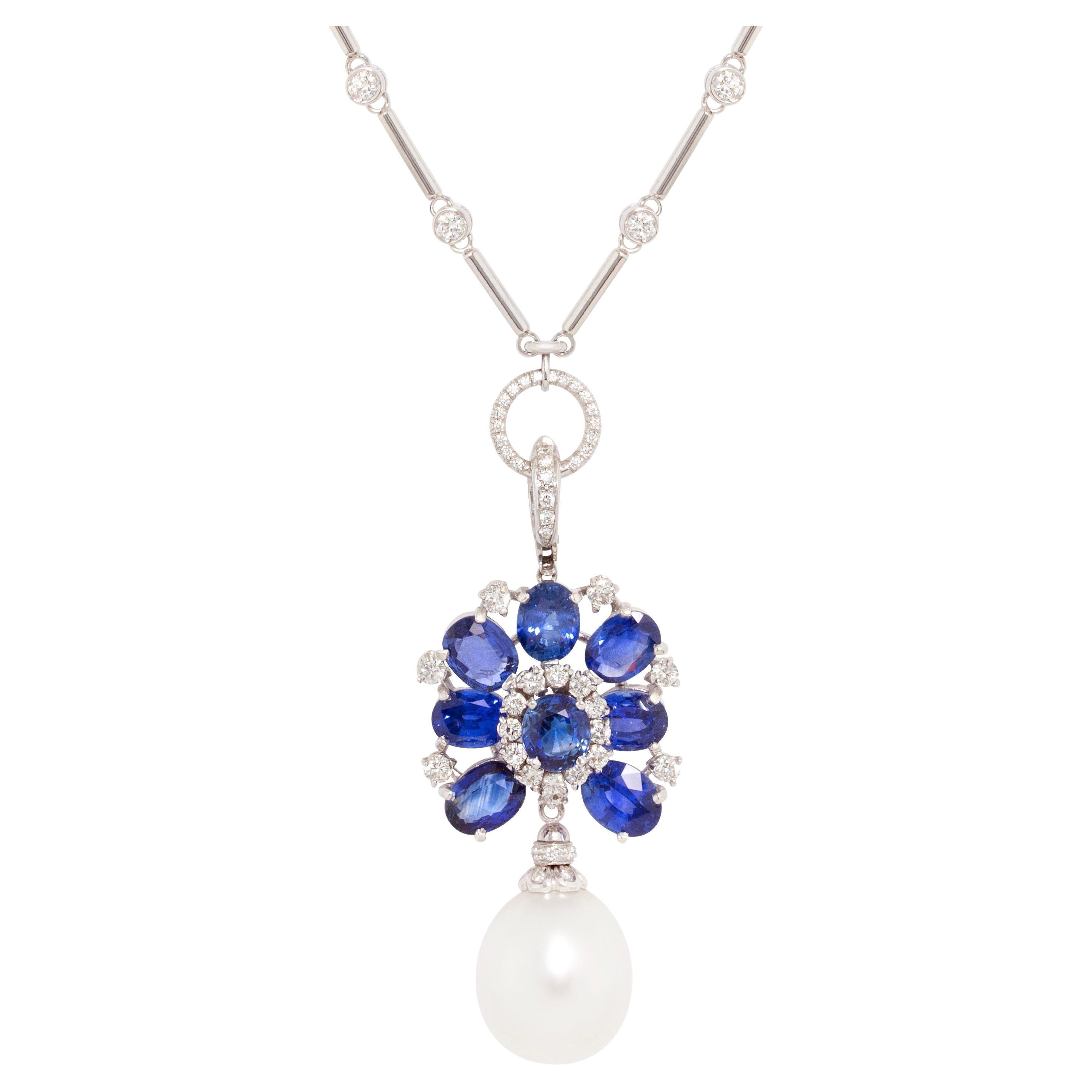 Ella Gafter Blue Sapphire Diamond Pearl Pendant Necklace