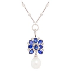 Used Ella Gafter Blue Sapphire Diamond Pearl Pendant Necklace