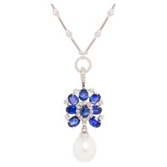 Ella Gafter Blue Sapphire Diamond Pearl Pendant Necklace