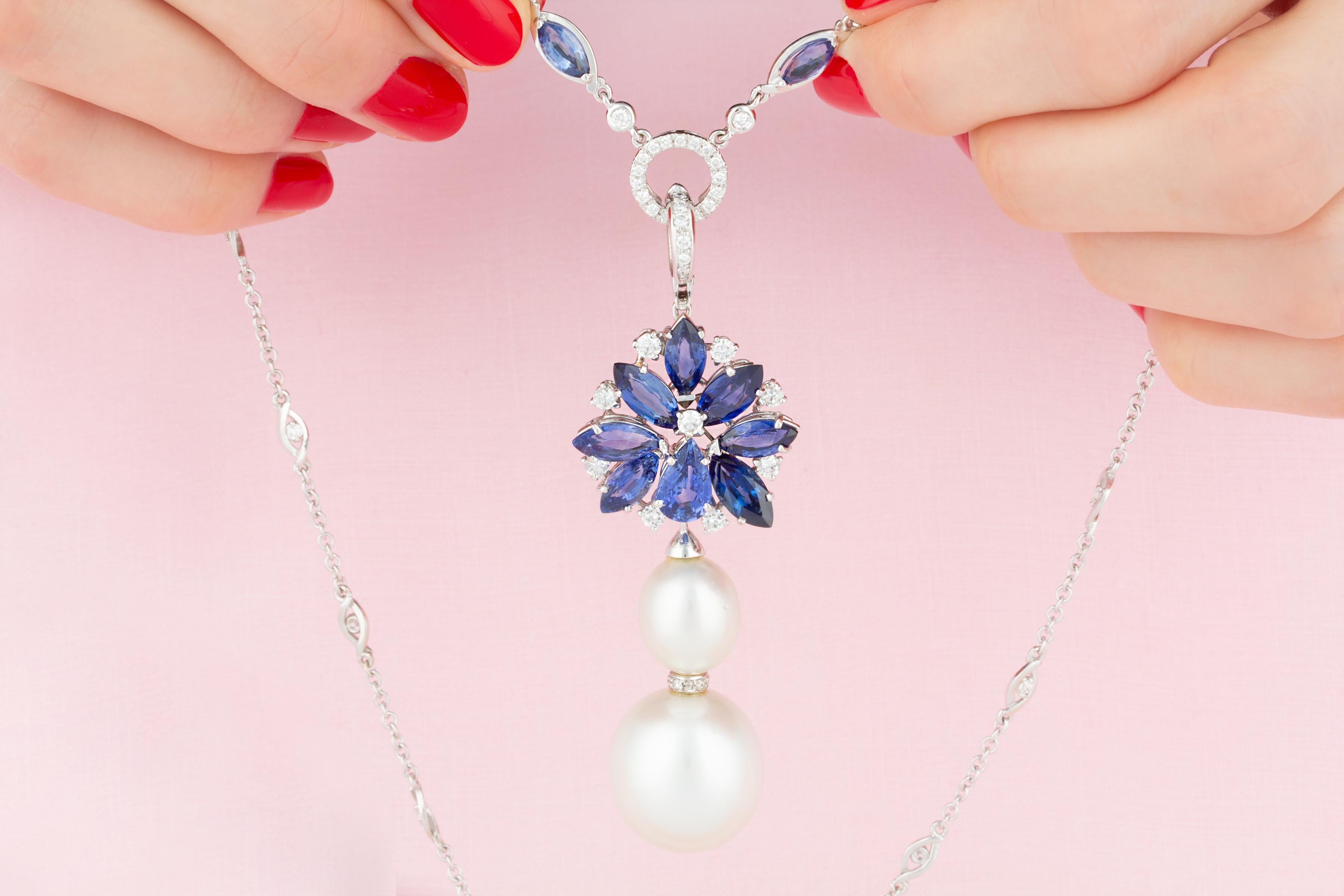 Blue Sapphire Diamond Pendant Necklace Design by Ella Gafter In New Condition For Sale In New York, NY