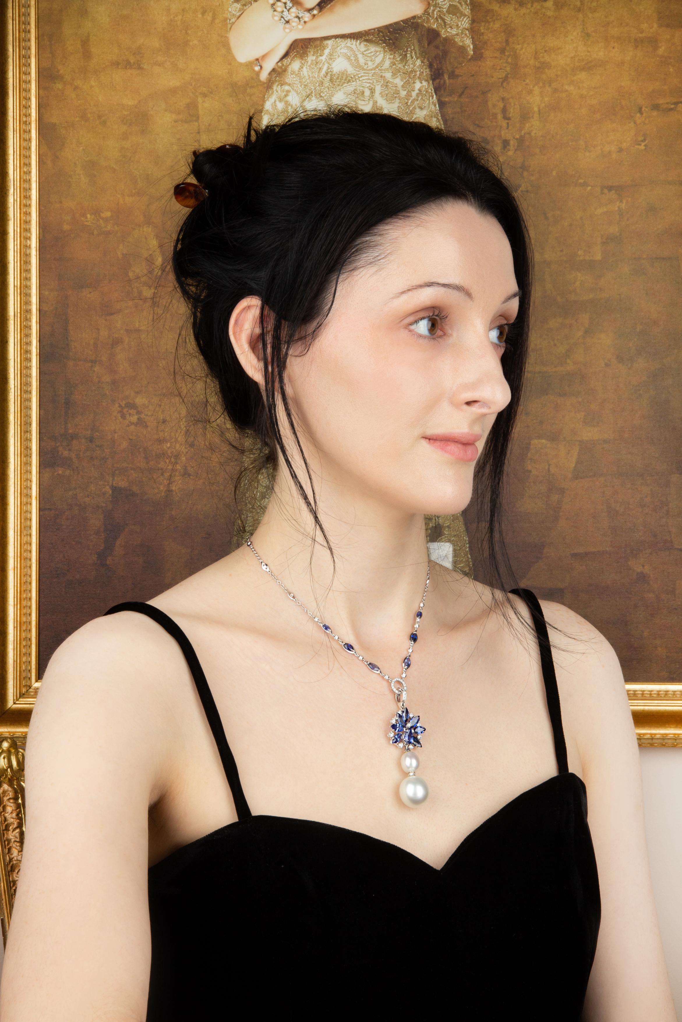 Blue Sapphire Diamond Pendant Necklace Design by Ella Gafter For Sale 3