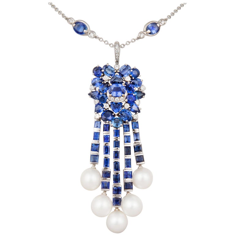 Ella Gafter Blue Sapphire Diamond Pendant Necklace With South Sea Ella Gafter Blue Sapphire Diamond Pendant Necklace With South Sea Pearls For