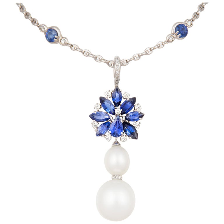 Ella Gafter Blue Sapphire Pendant Necklace Diamonds South Sea Pearl For Sale at 1stdibs