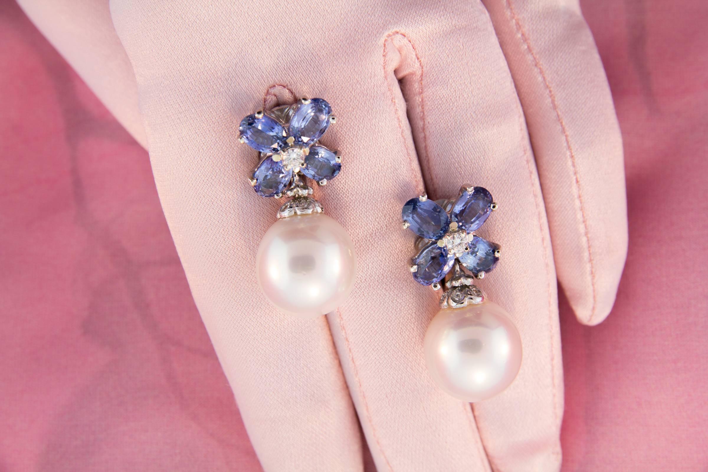 Women's Ella Gafter Blue Sapphire South Sea Pearl and Diamond Flower Drop Earrings