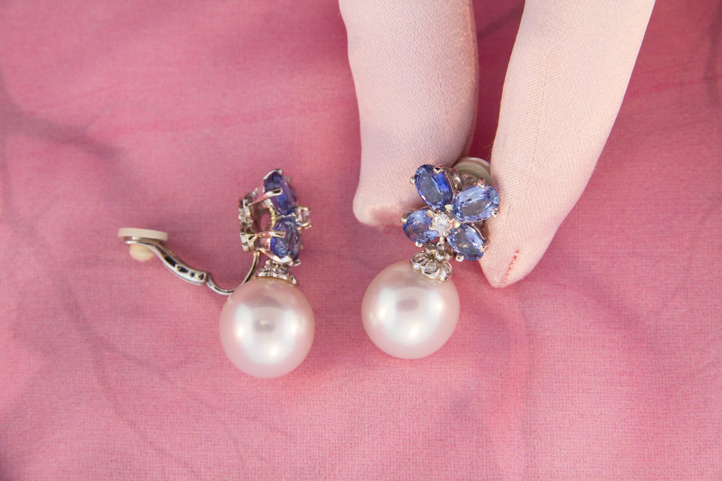Ella Gafter Blue Sapphire South Sea Pearl and Diamond Flower Drop Earrings 1