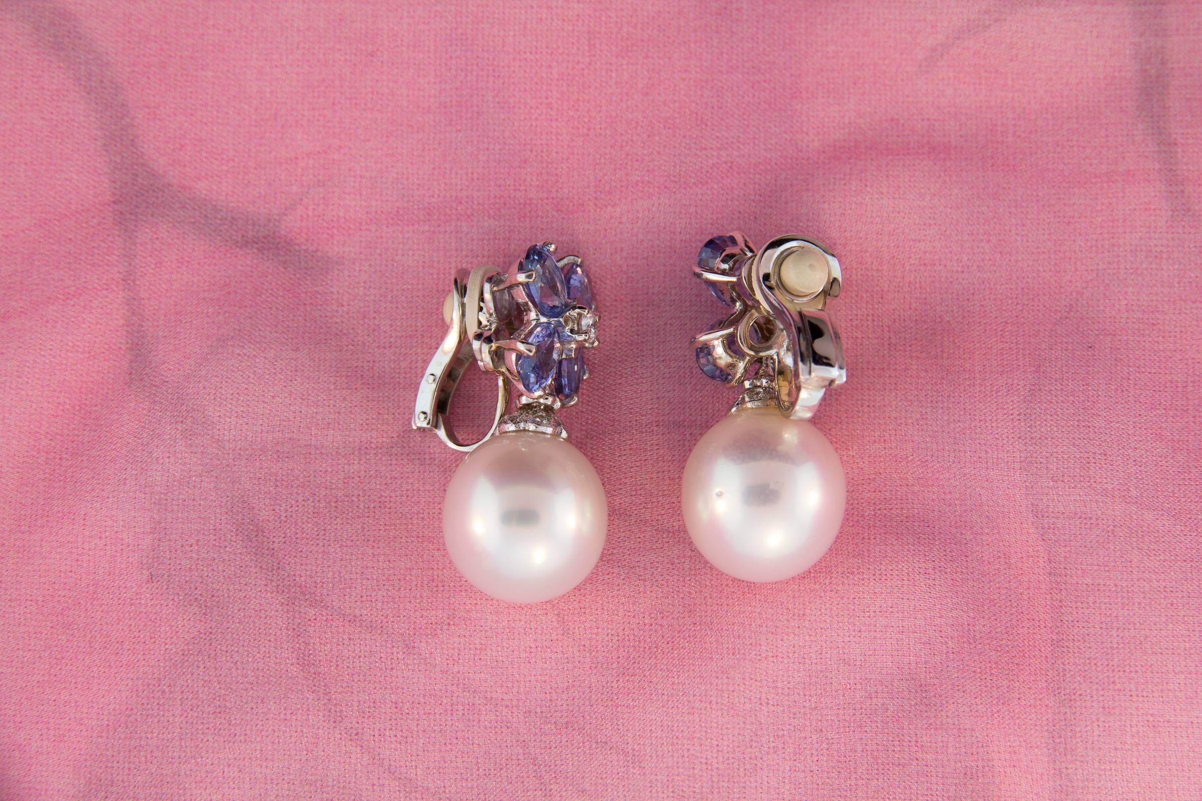 Ella Gafter Blue Sapphire South Sea Pearl and Diamond Flower Drop Earrings 3
