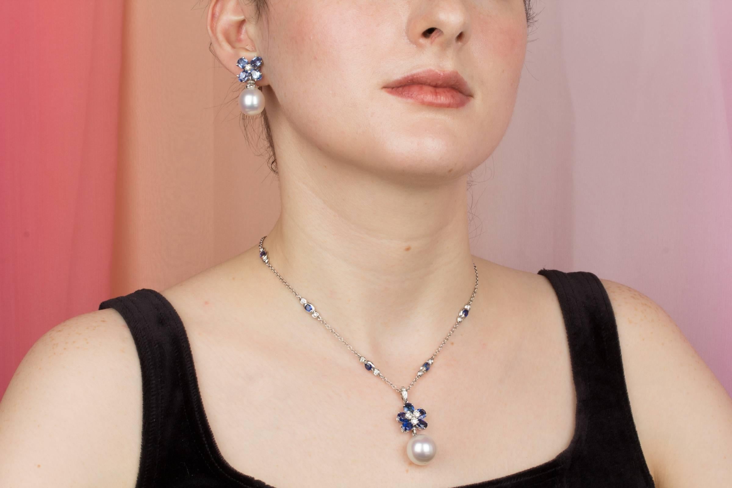 Ella Gafter Blue Sapphire South Sea Pearl and Diamond Flower Drop Earrings 4