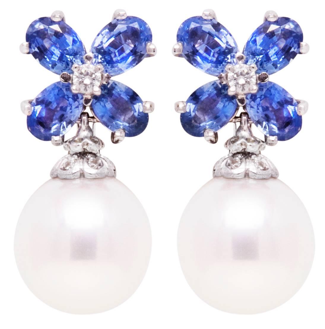 Ella Gafter Blue Sapphire South Sea Pearl and Diamond Flower Drop Earrings