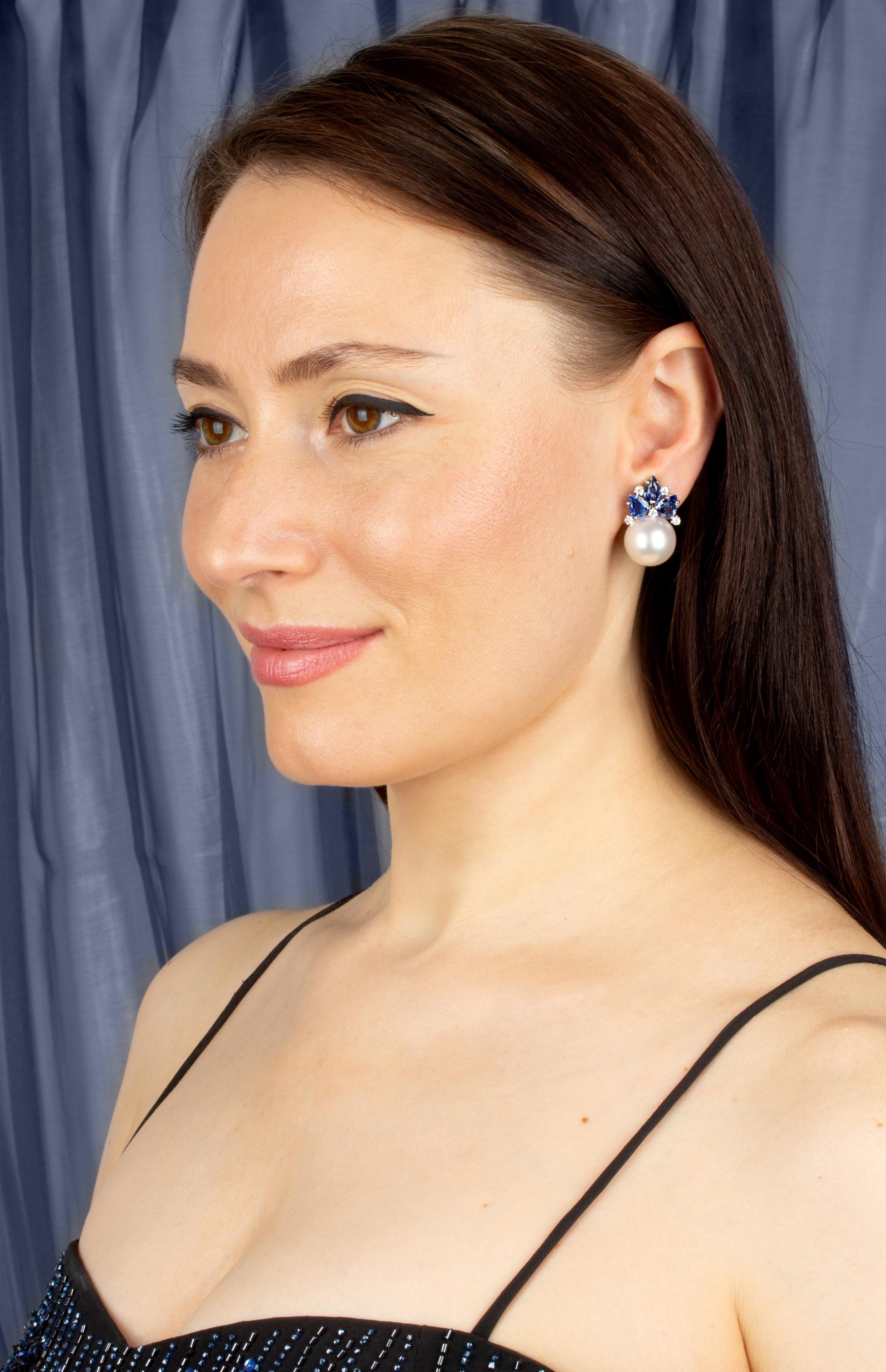 Artist Ella Gafter Blue Sapphire Pearl Diamond Flower Earrings For Sale