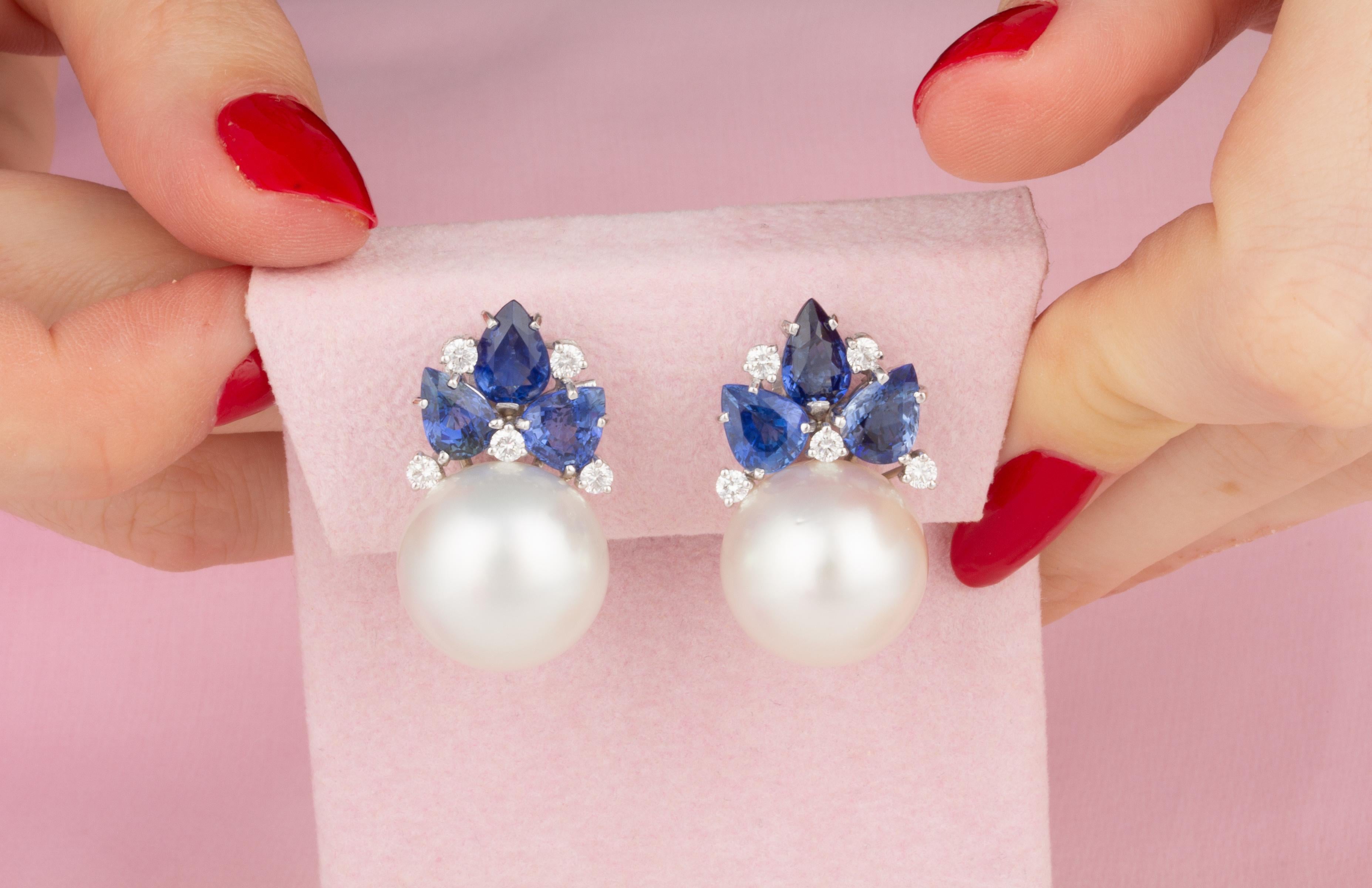 Pear Cut Ella Gafter Blue Sapphire Pearl Diamond Flower Earrings For Sale