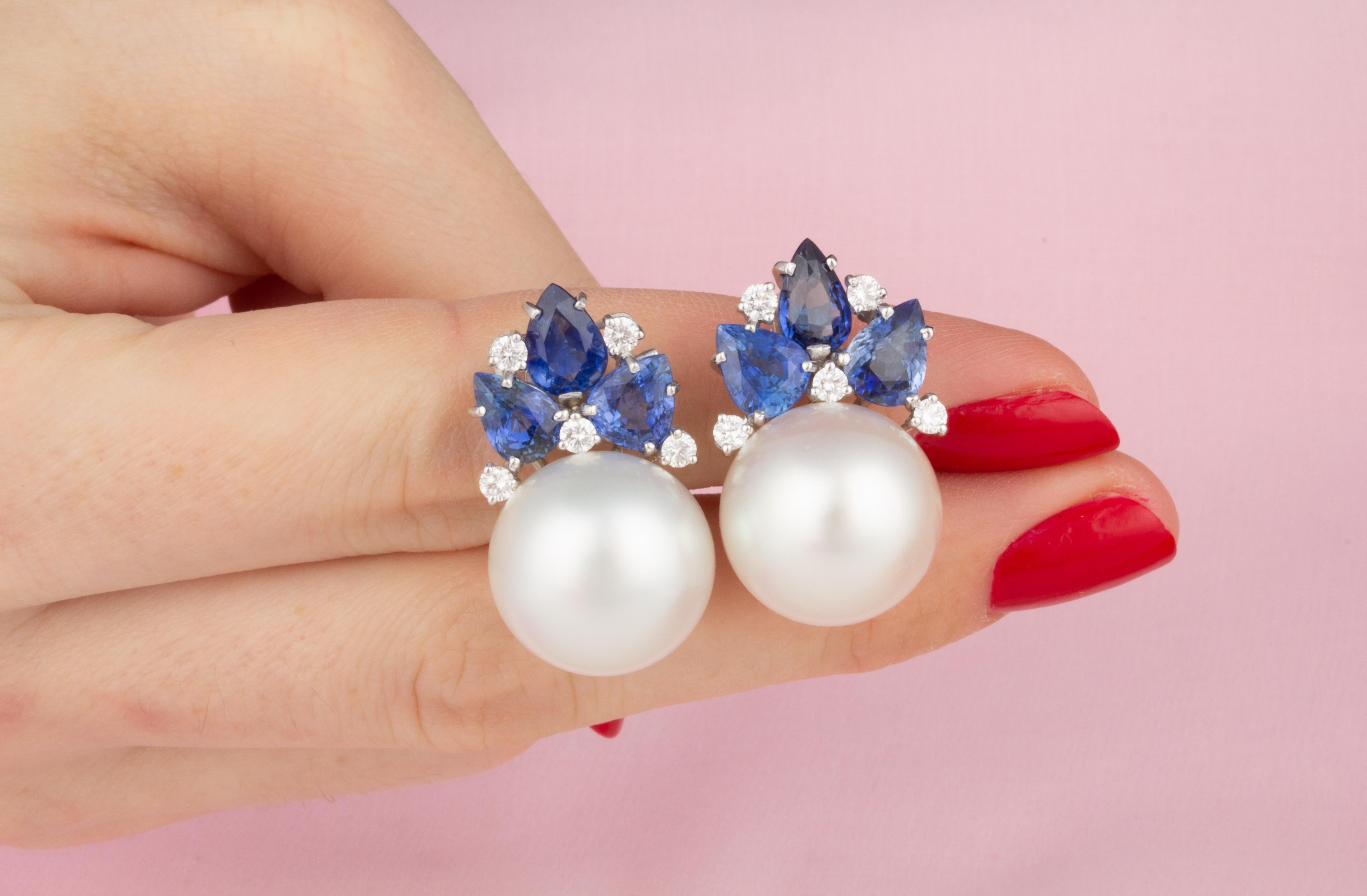 Women's Ella Gafter Blue Sapphire Pearl Diamond Flower Earrings For Sale