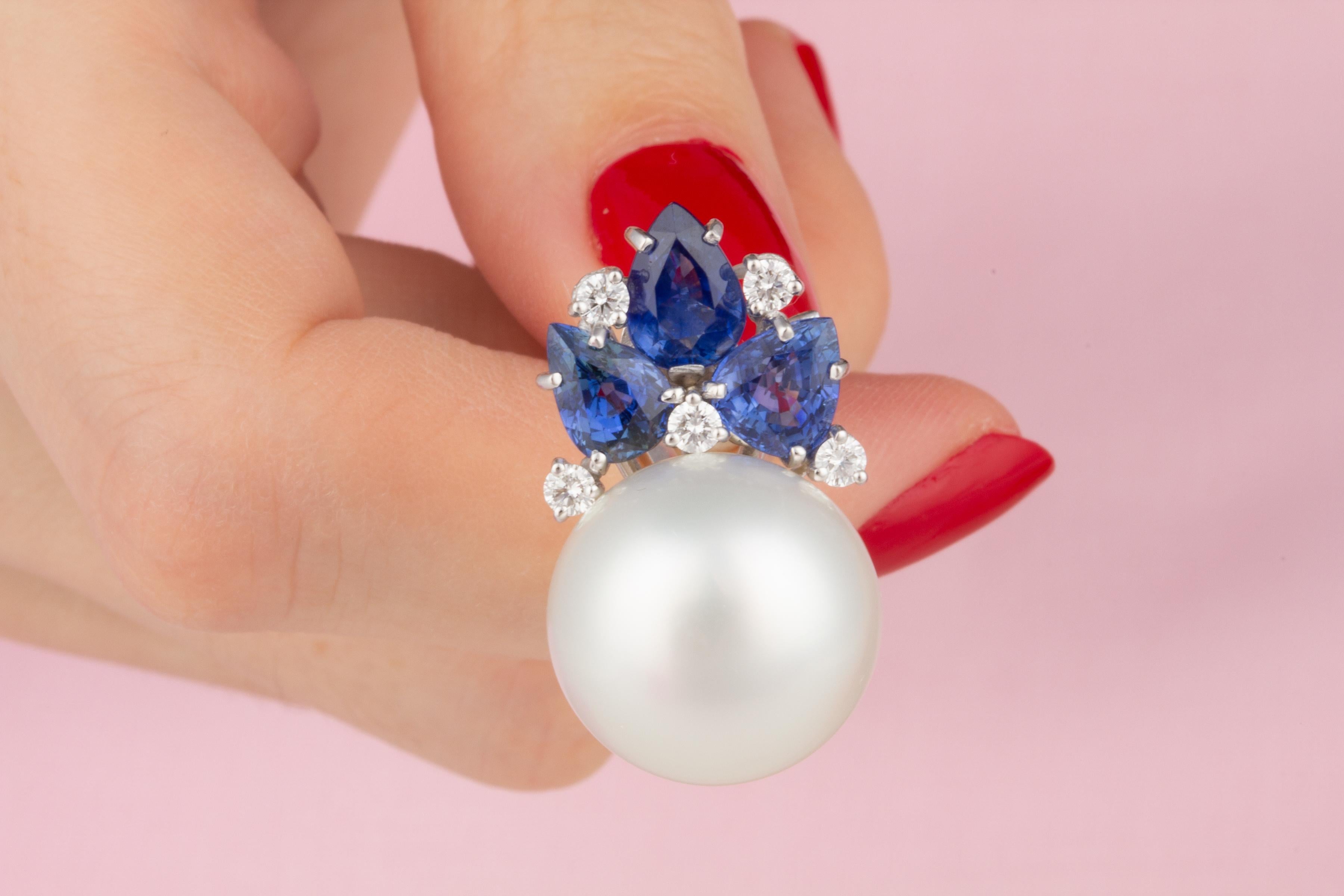 Ella Gafter Blue Sapphire Pearl Diamond Flower Earrings For Sale 3